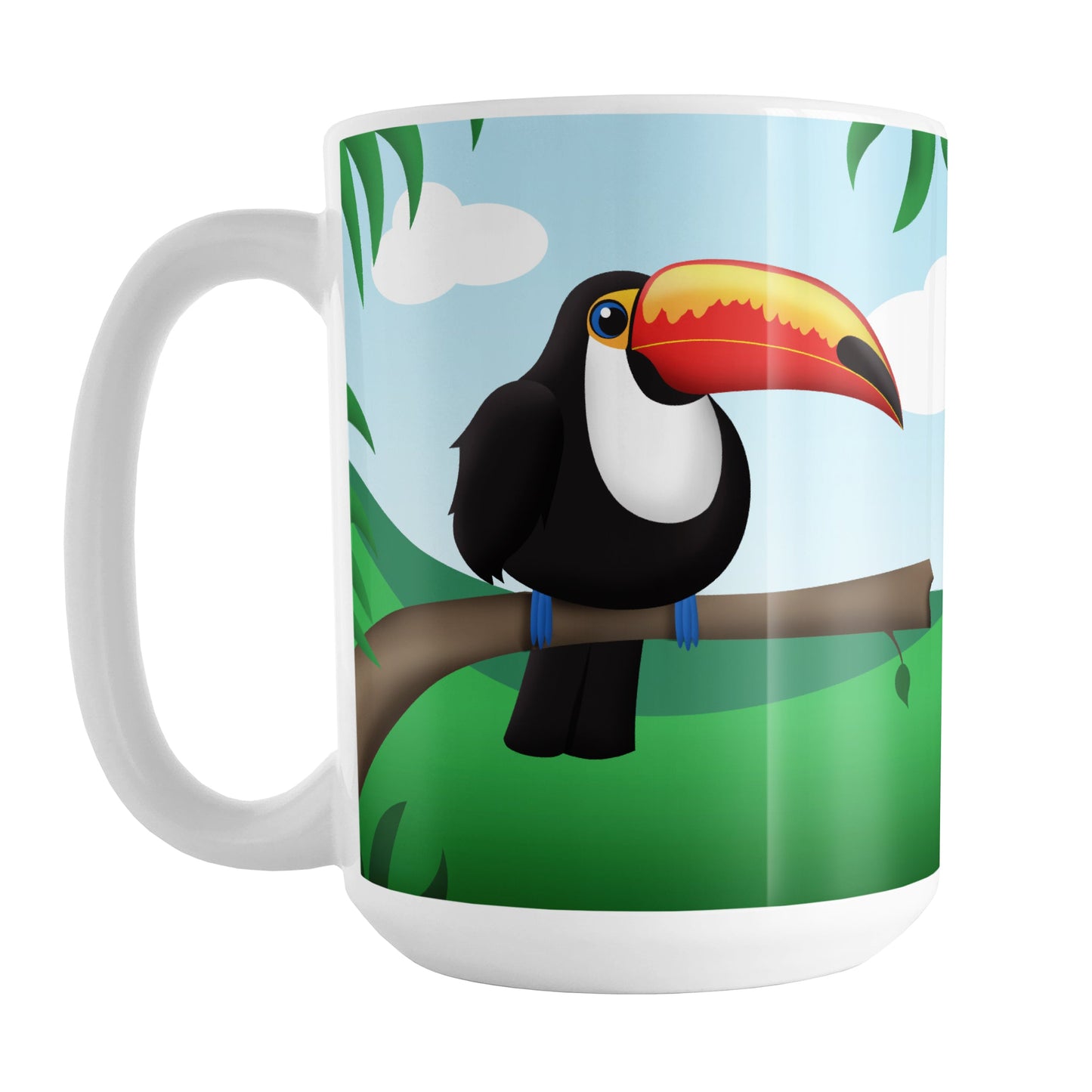 Tropical Toucan Mug (15oz) at Amy's Coffee Mugs. A ceramic coffee mug designed with an illustration of a toucan on a branch on both sides of the mug over a lush green rainforest backdrop with blue skies in the distant. This tropical design wraps around the mug up to the handle.
