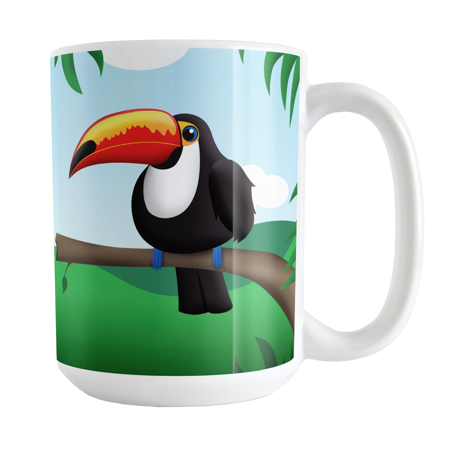 Tropical Toucan Mug (15oz) at Amy's Coffee Mugs. A ceramic coffee mug designed with an illustration of a toucan on a branch on both sides of the mug over a lush green rainforest backdrop with blue skies in the distant. This tropical design wraps around the mug up to the handle.