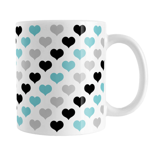 Turquoise Black Gray Hearts Pattern Mug (11oz) at Amy's Coffee Mugs. A ceramic coffee mug designed with a pattern of hearts in black, turquoise, and gray that wraps around the mug up to the handle.