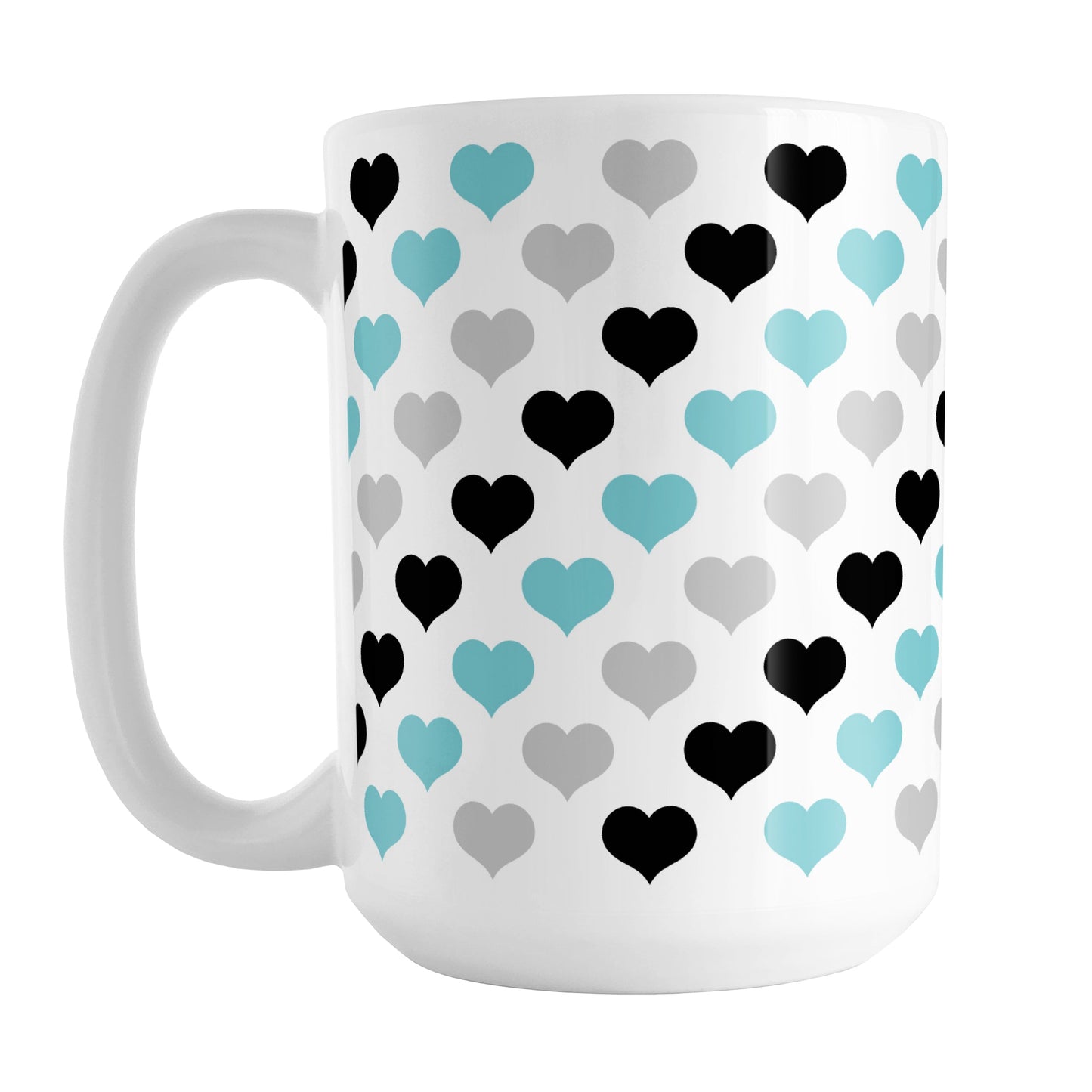 Turquoise Black Gray Hearts Pattern Mug (15oz) at Amy's Coffee Mugs. A ceramic coffee mug designed with a pattern of hearts in black, turquoise, and gray that wraps around the mug up to the handle.