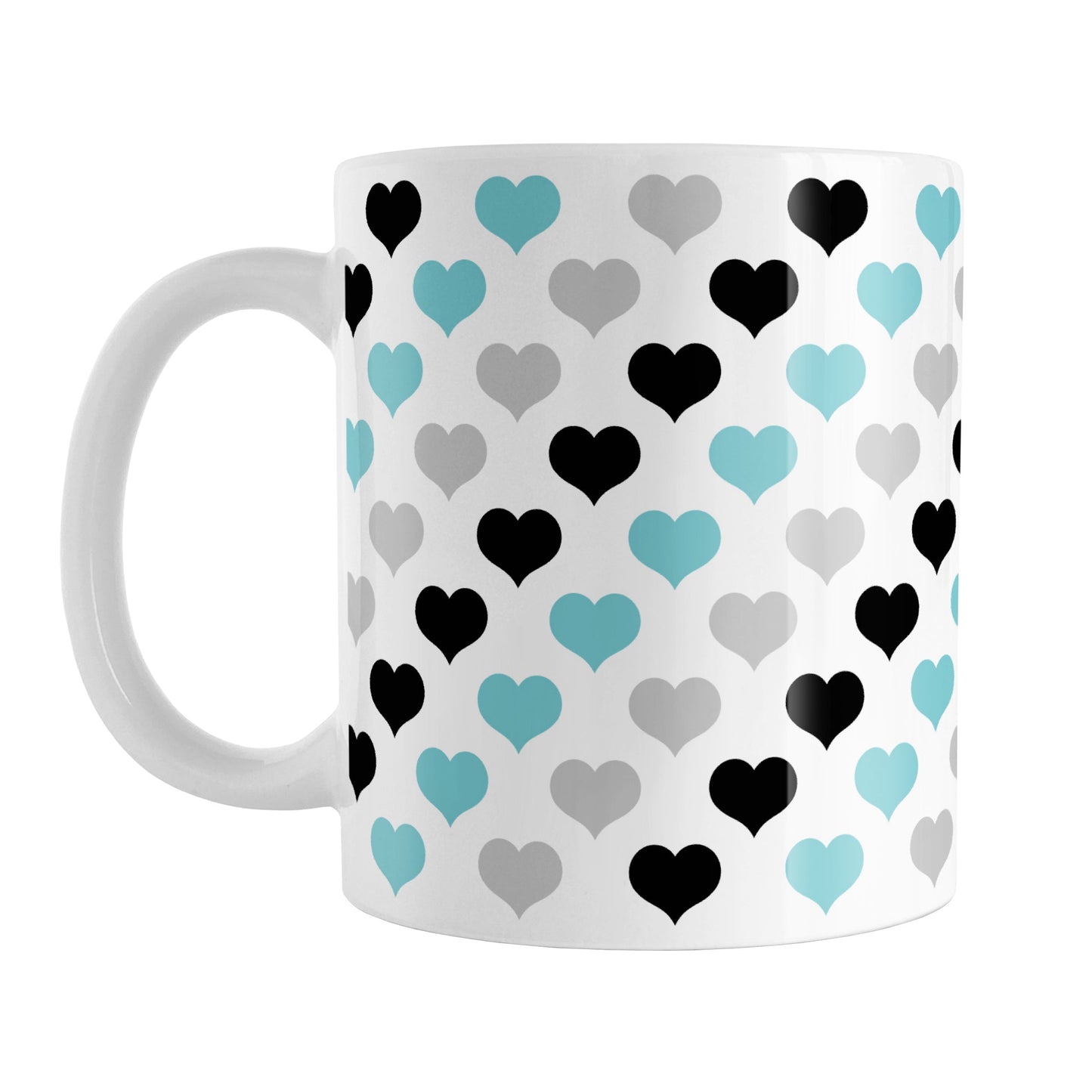 Turquoise Black Gray Hearts Pattern Mug (11oz) at Amy's Coffee Mugs. A ceramic coffee mug designed with a pattern of hearts in black, turquoise, and gray that wraps around the mug up to the handle.