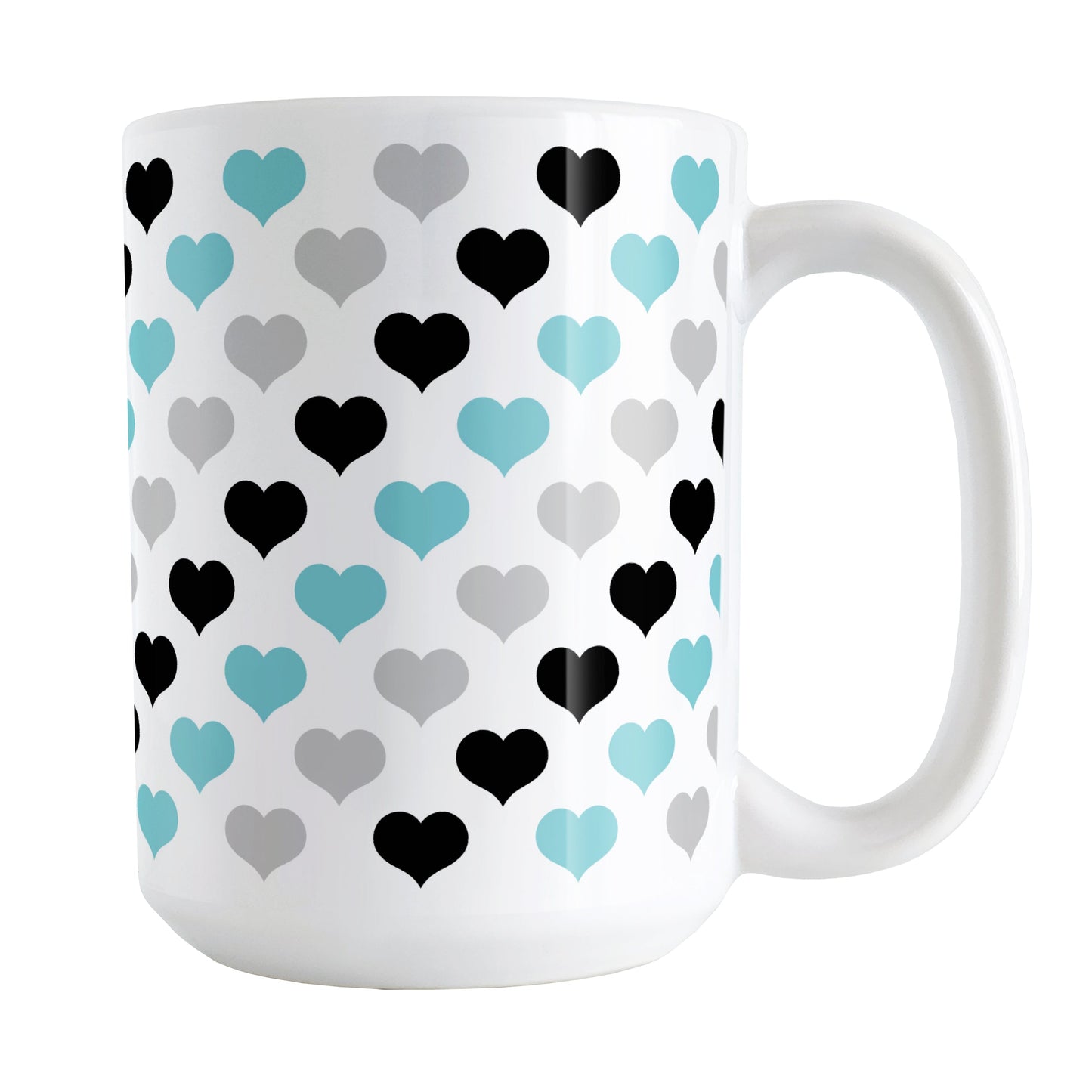 Turquoise Black Gray Hearts Pattern Mug (15oz) at Amy's Coffee Mugs. A ceramic coffee mug designed with a pattern of hearts in black, turquoise, and gray that wraps around the mug up to the handle.