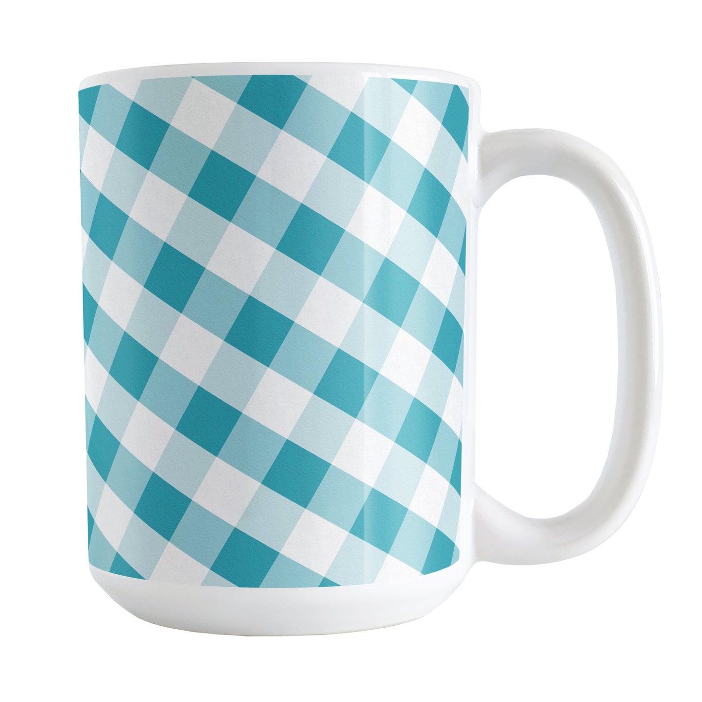 Turquoise Gingham Mug (15oz) at Amy's Coffee Mugs. A ceramic coffee mug designed with a slanted white and turquoise gingham pattern that wraps around the mug up to the handle.