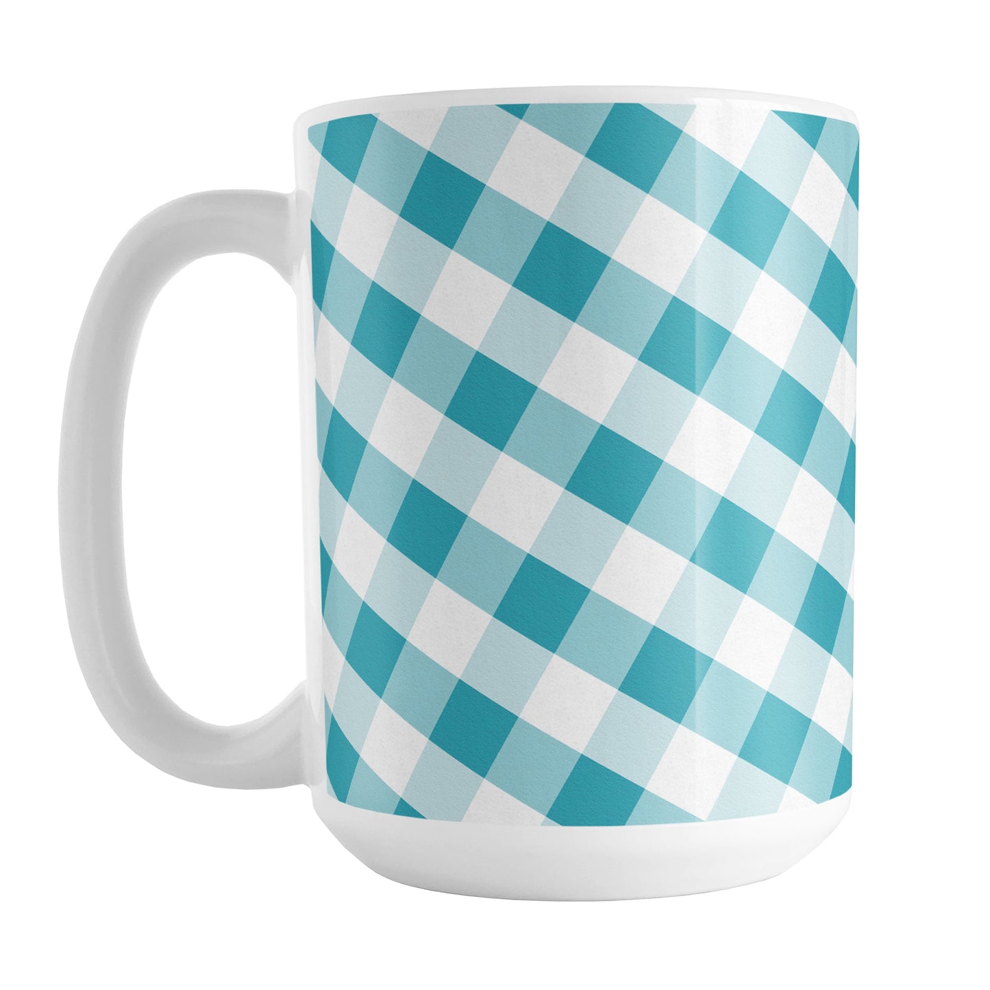 Turquoise Gingham Mug (15oz) at Amy's Coffee Mugs. A ceramic coffee mug designed with a slanted white and turquoise gingham pattern that wraps around the mug up to the handle.