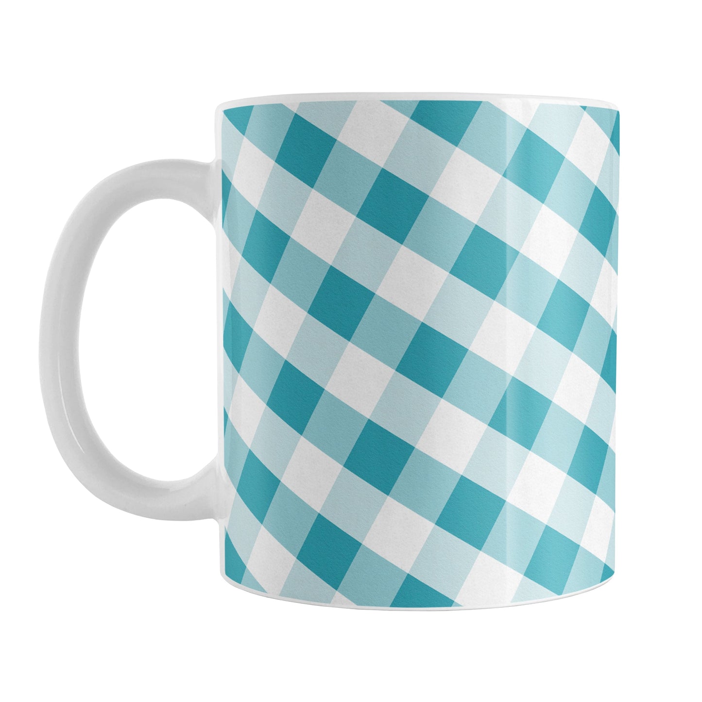 Turquoise Gingham Mug (11oz) at Amy's Coffee Mugs. A ceramic coffee mug designed with a slanted white and turquoise gingham pattern that wraps around the mug up to the handle.