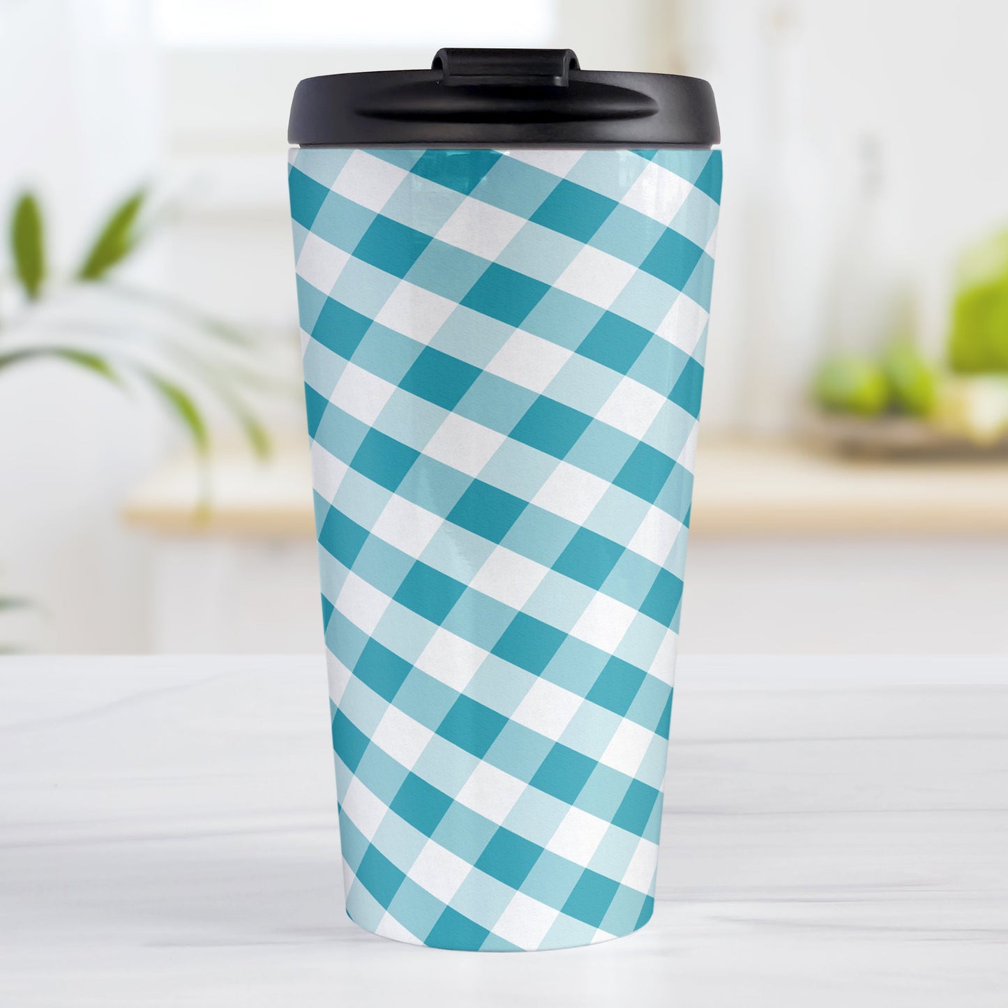 Turquoise Gingham Travel Mug (15oz, stainless steel insulated) at Amy's Coffee Mugs. A travel mug designed with a slanted turquoise and white gingham pattern that wraps around the travel mug.