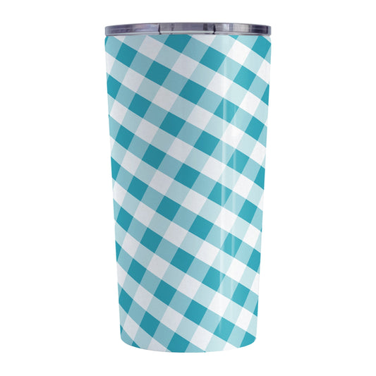 Turquoise Gingham Tumbler Cup (20oz, stainless steel insulated) at Amy's Coffee Mugs. A tumbler cup designed with a slanted turquoise and white gingham pattern that wraps around the cup.