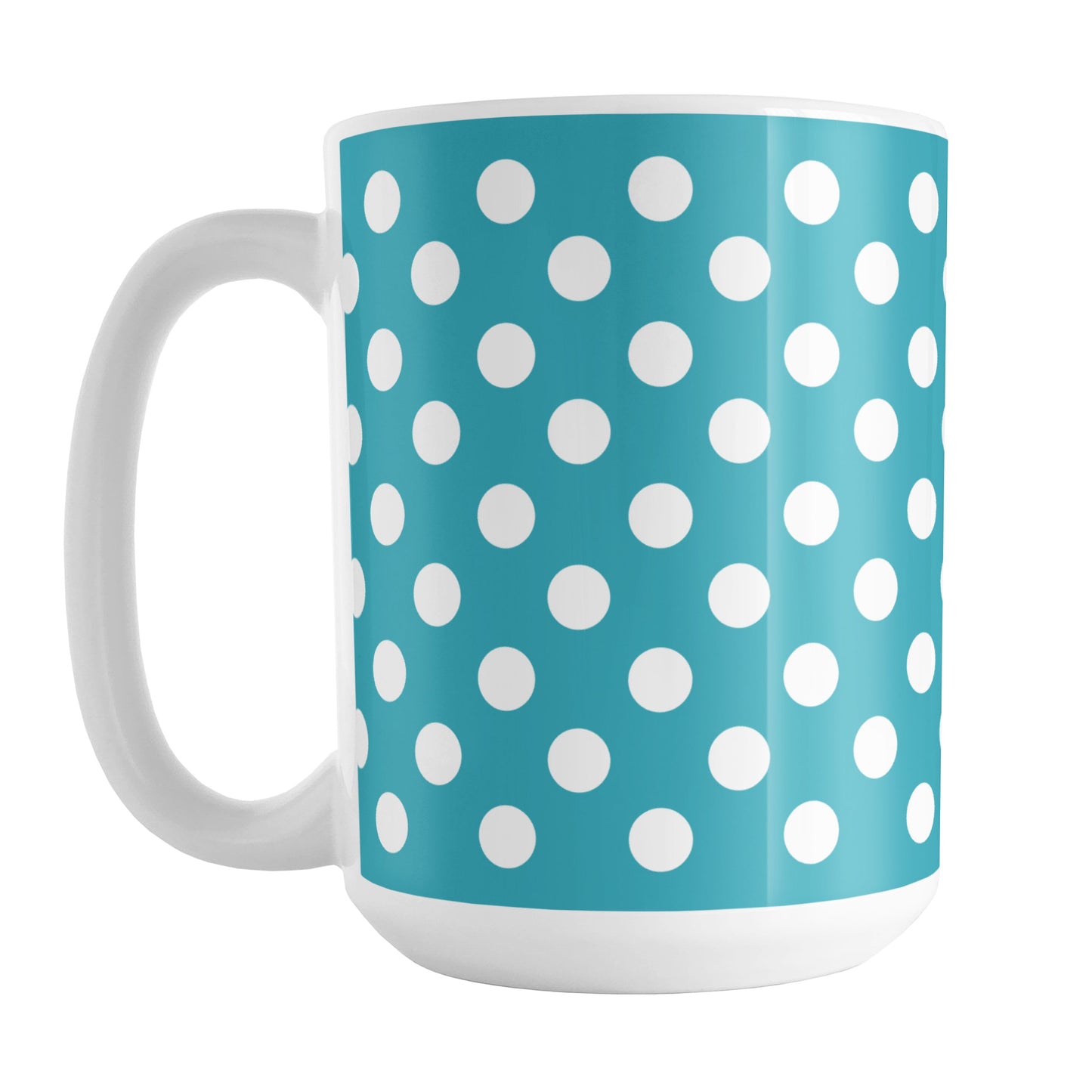 Turquoise Polka Dot Mug (15oz) at Amy's Coffee Mugs. A ceramic coffee mug designed with a pattern of white polka dots over a turquoise background color that wraps around the mug up to the handle.