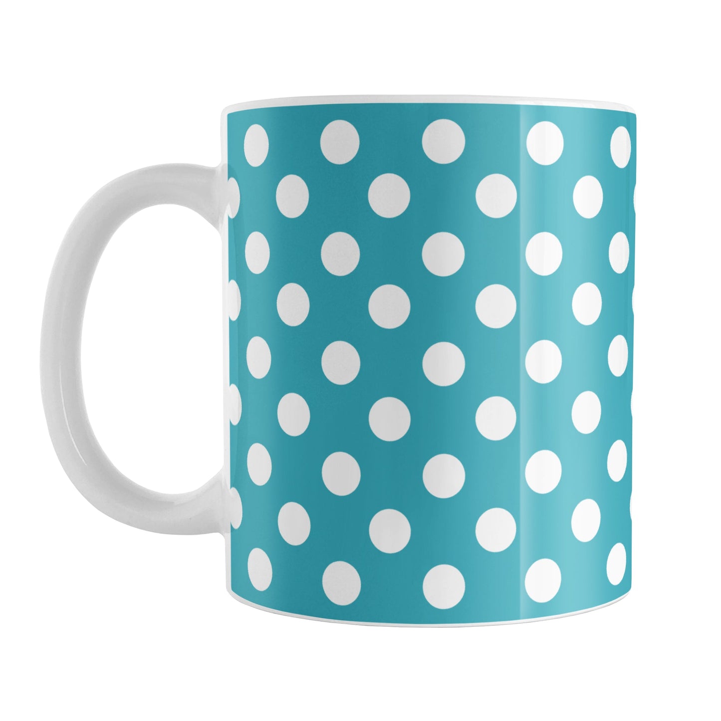 Turquoise Polka Dot Mug (11oz) at Amy's Coffee Mugs. A ceramic coffee mug designed with a pattern of white polka dots over a turquoise background color that wraps around the mug up to the handle.