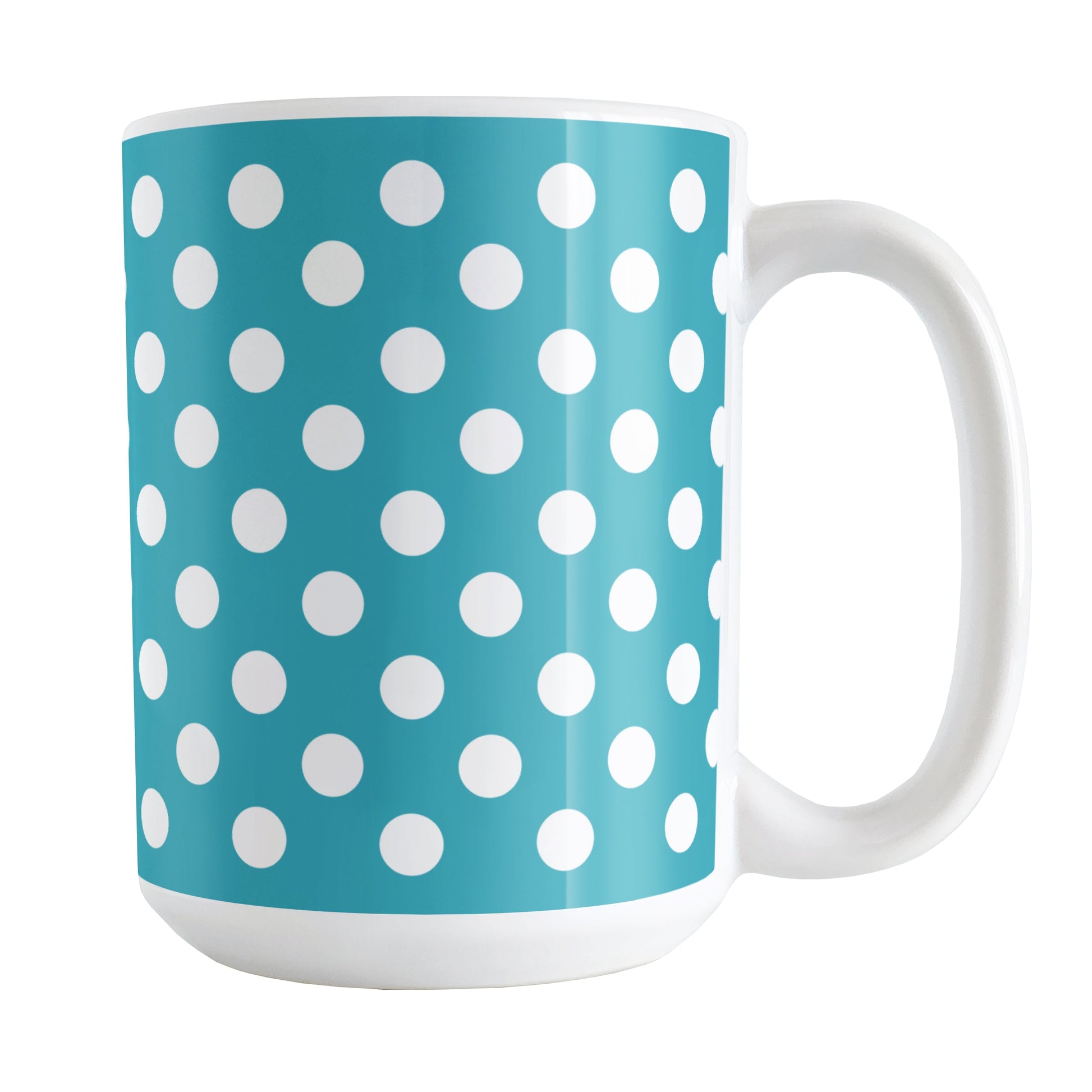 Turquoise Polka Dot Mug (15oz) at Amy's Coffee Mugs. A ceramic coffee mug designed with a pattern of white polka dots over a turquoise background color that wraps around the mug up to the handle.