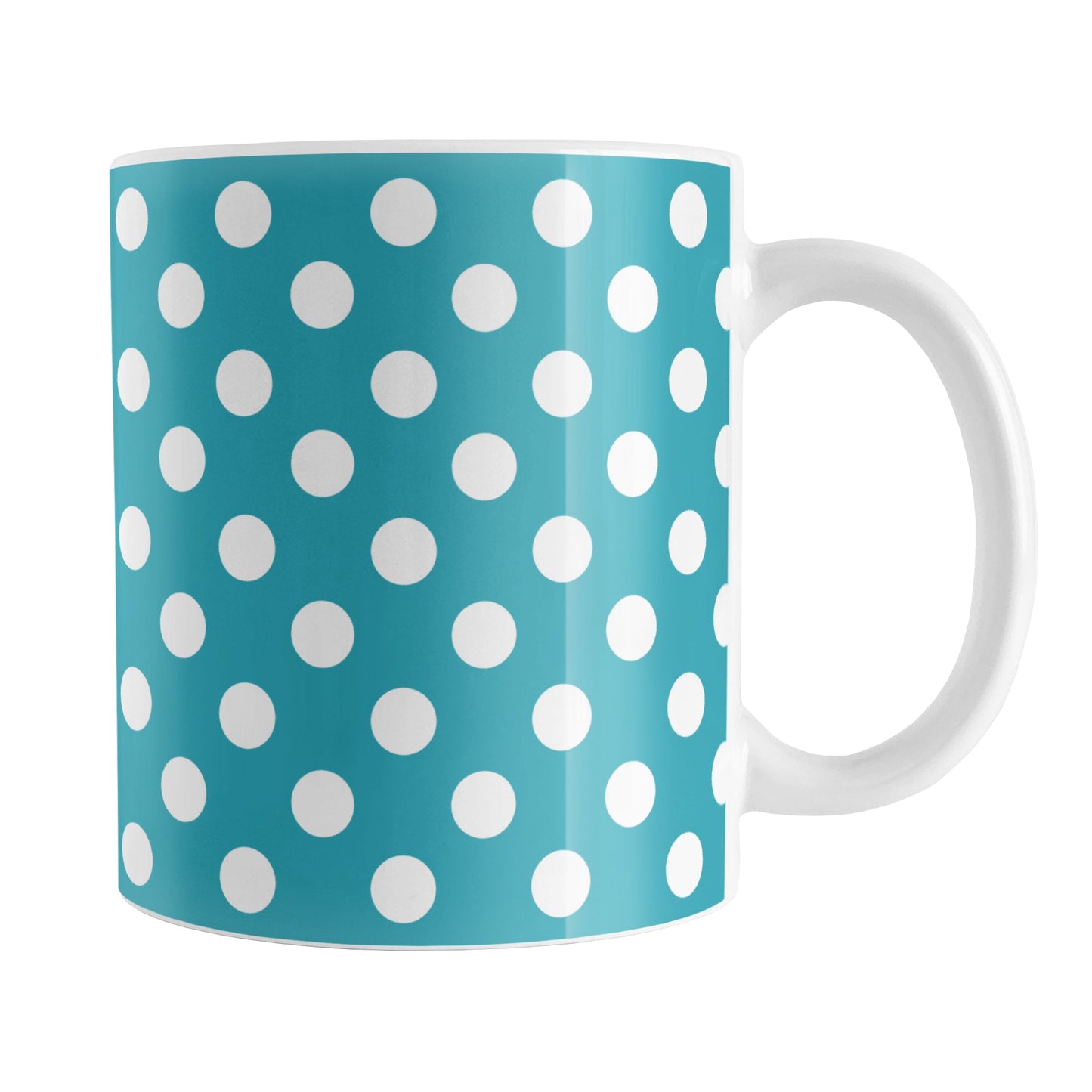 Turquoise Polka Dot Mug (11oz) at Amy's Coffee Mugs. A ceramic coffee mug designed with a pattern of white polka dots over a turquoise background color that wraps around the mug up to the handle.