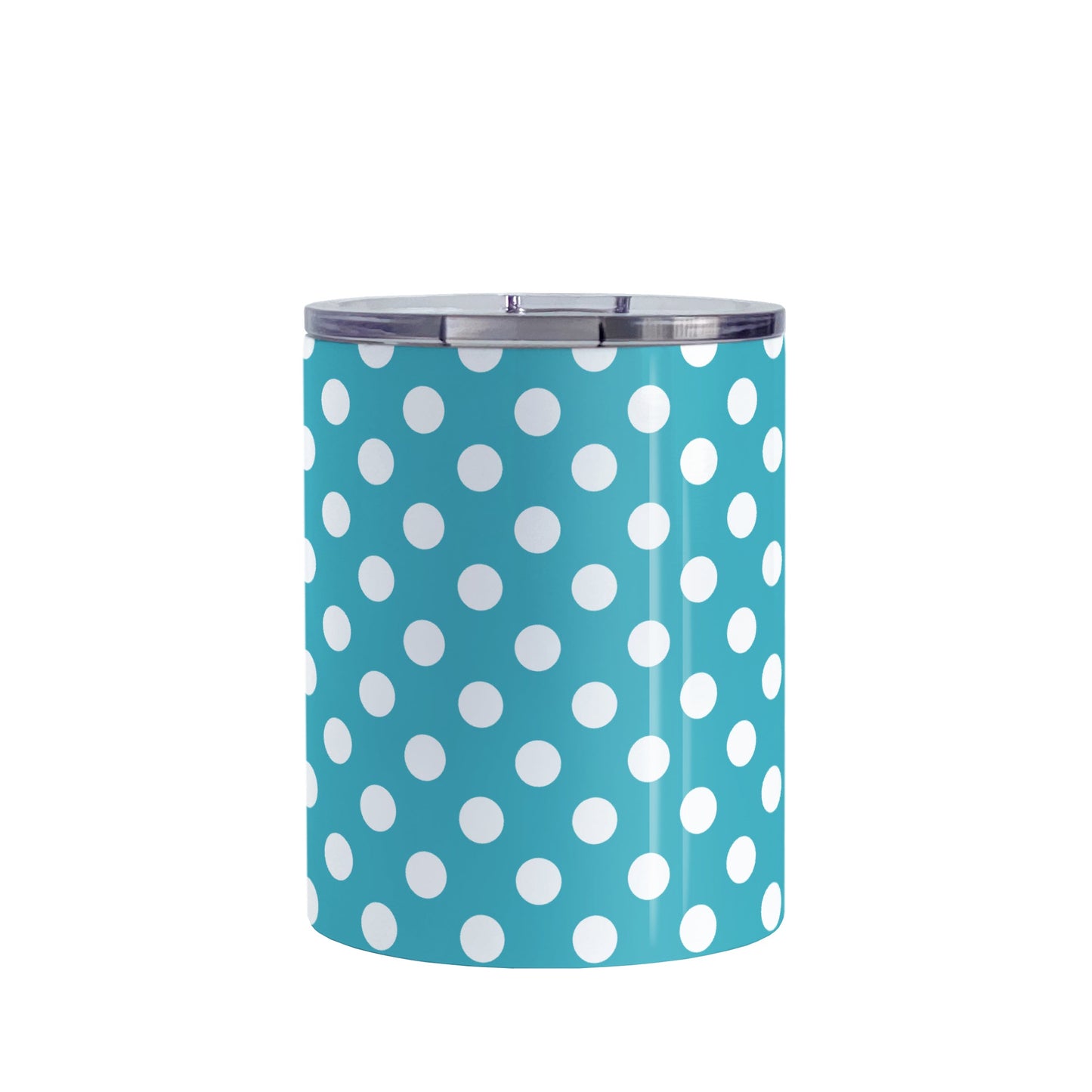 Turquoise Polka Dot Tumbler Cup (10oz, stainless steel insulated) at Amy's Coffee Mugs. A tumbler cup designed with a pattern of white polka dots over a turquoise background color that wraps around the cup.