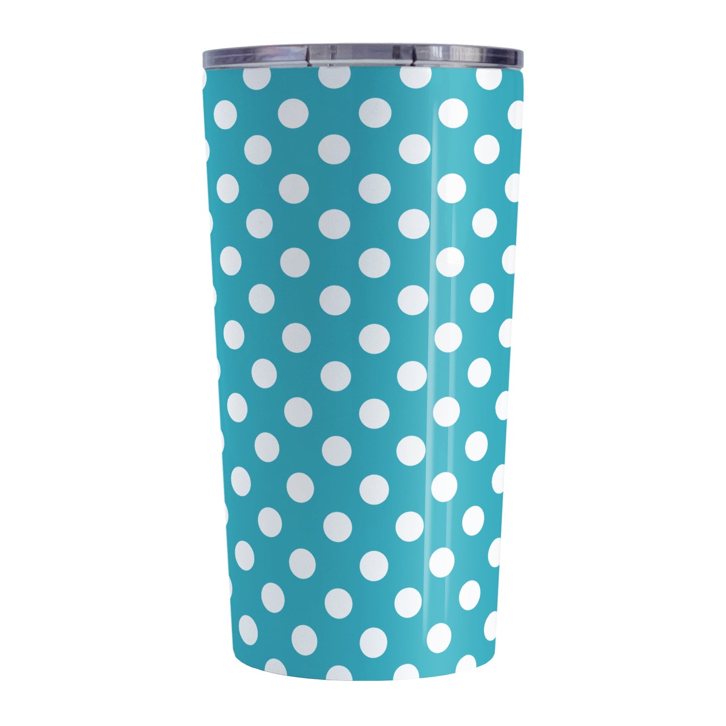 Turquoise Polka Dot Tumbler Cup (20oz, stainless steel insulated) at Amy's Coffee Mugs. A tumbler cup designed with a pattern of white polka dots over a turquoise background color that wraps around the cup.