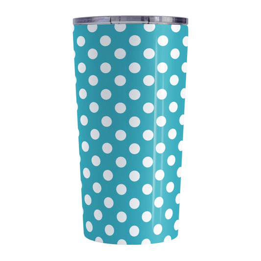 Turquoise Polka Dot Tumbler Cup (20oz, stainless steel insulated) at Amy's Coffee Mugs. A tumbler cup designed with a pattern of white polka dots over a turquoise background color that wraps around the cup.