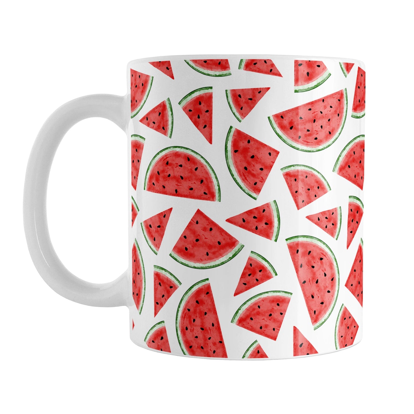 Watermelon Slices Mug (11oz) at Amy's Coffee Mugs. A ceramic coffee mug designed with a pattern of illustrated watermelon slices that wraps around the mug to the handle.