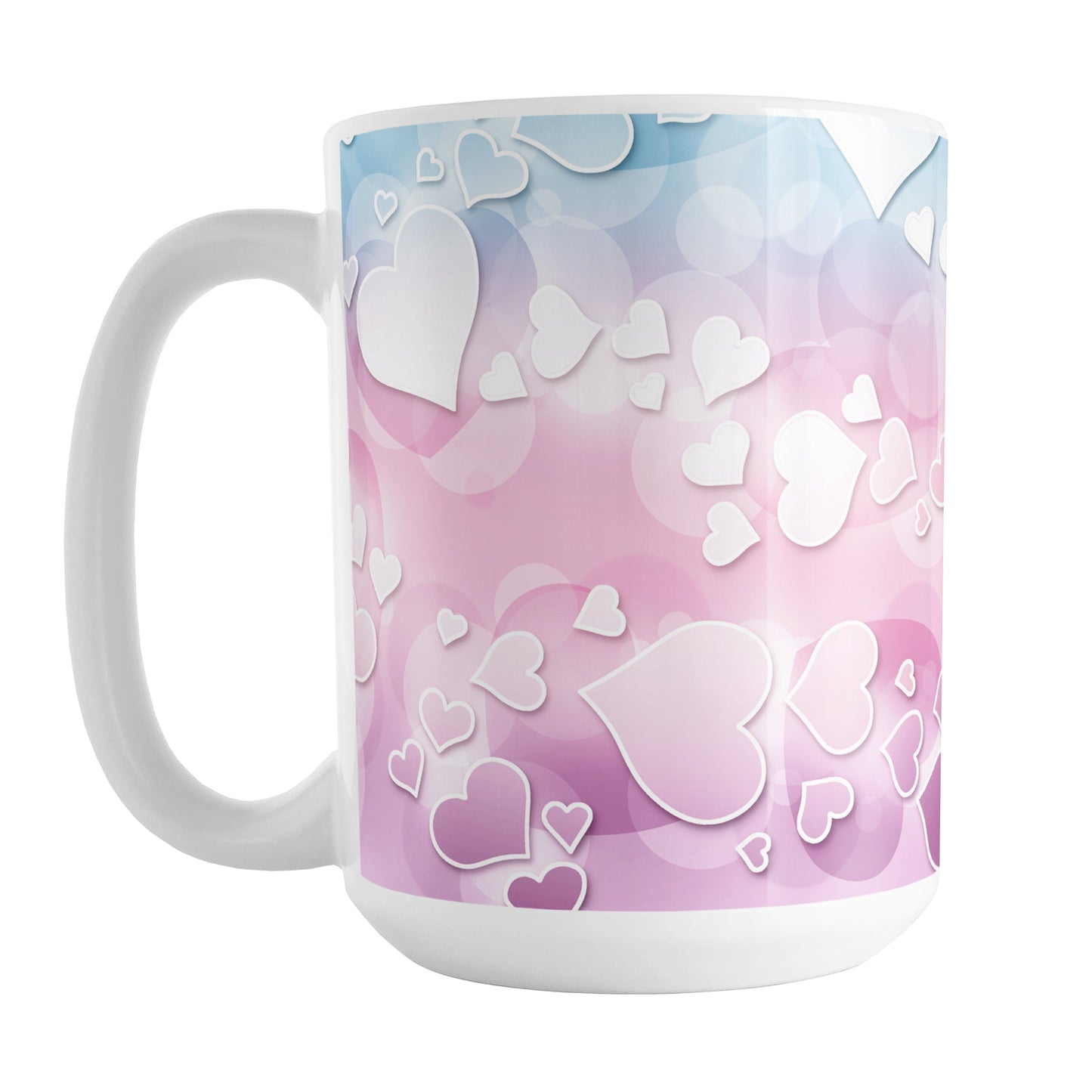 Whimsical Hearts Pattern Mug (15oz) at Amy's Coffee Mugs. A ceramic coffee mug designed with a whimsical pattern of hearts over a gradient bokeh background in pink, blue, and purple that wraps around the mug up to the handle.