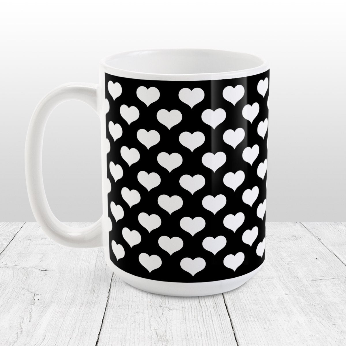 White Hearts Pattern Black Mug at Amy's Coffee Mugs