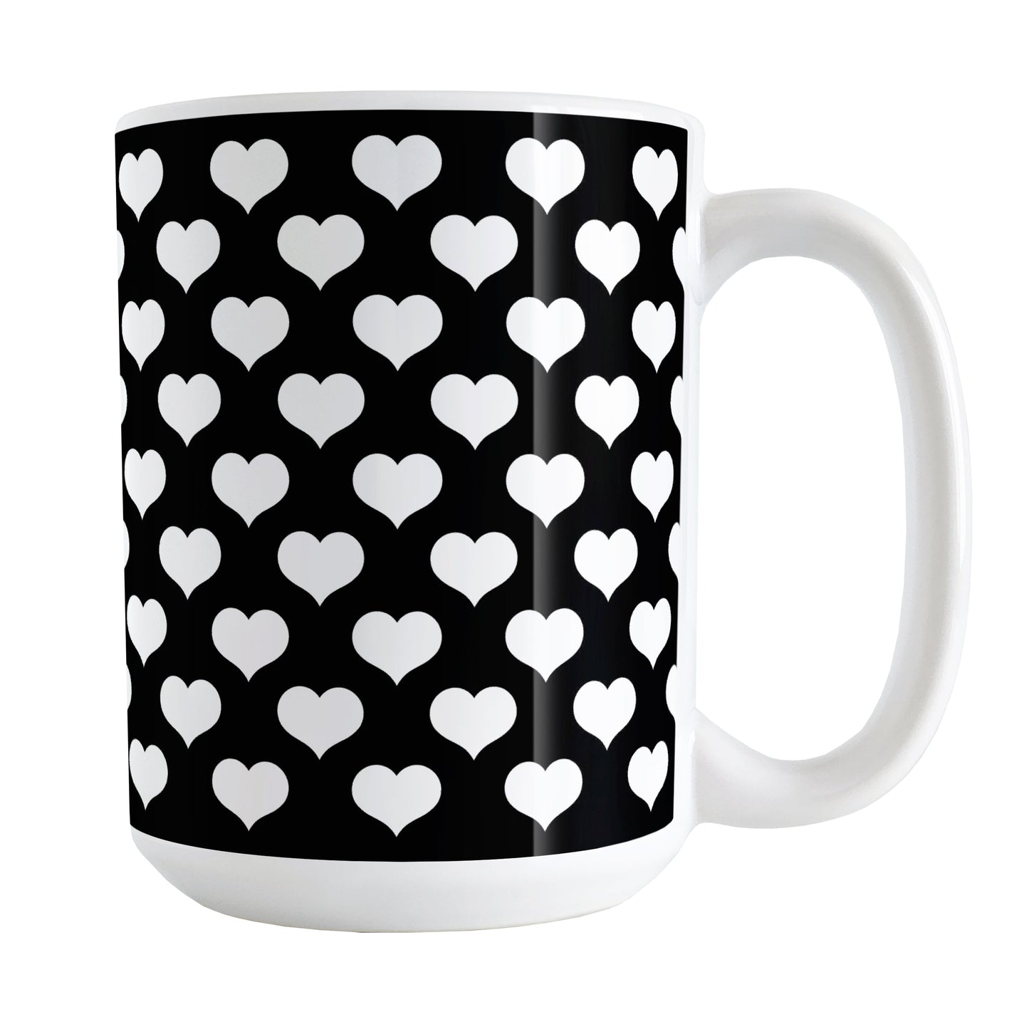 White Hearts Pattern Black Mug (15oz) at Amy's Coffee Mugs. A ceramic coffee mug designed with white hearts in a polka-dotted pattern over a black background color that wraps around the mug up to the handle.