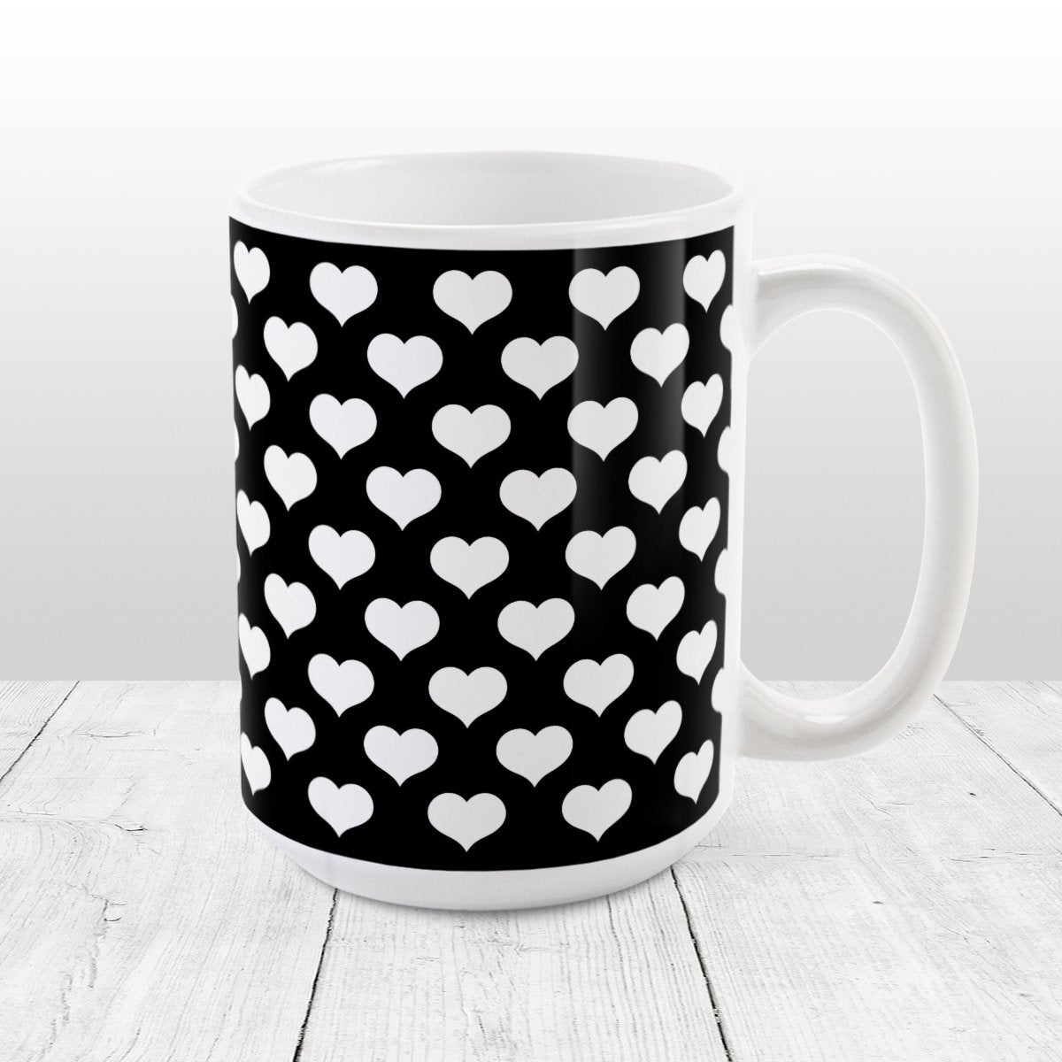 White Hearts Pattern Black Mug at Amy's Coffee Mugs
