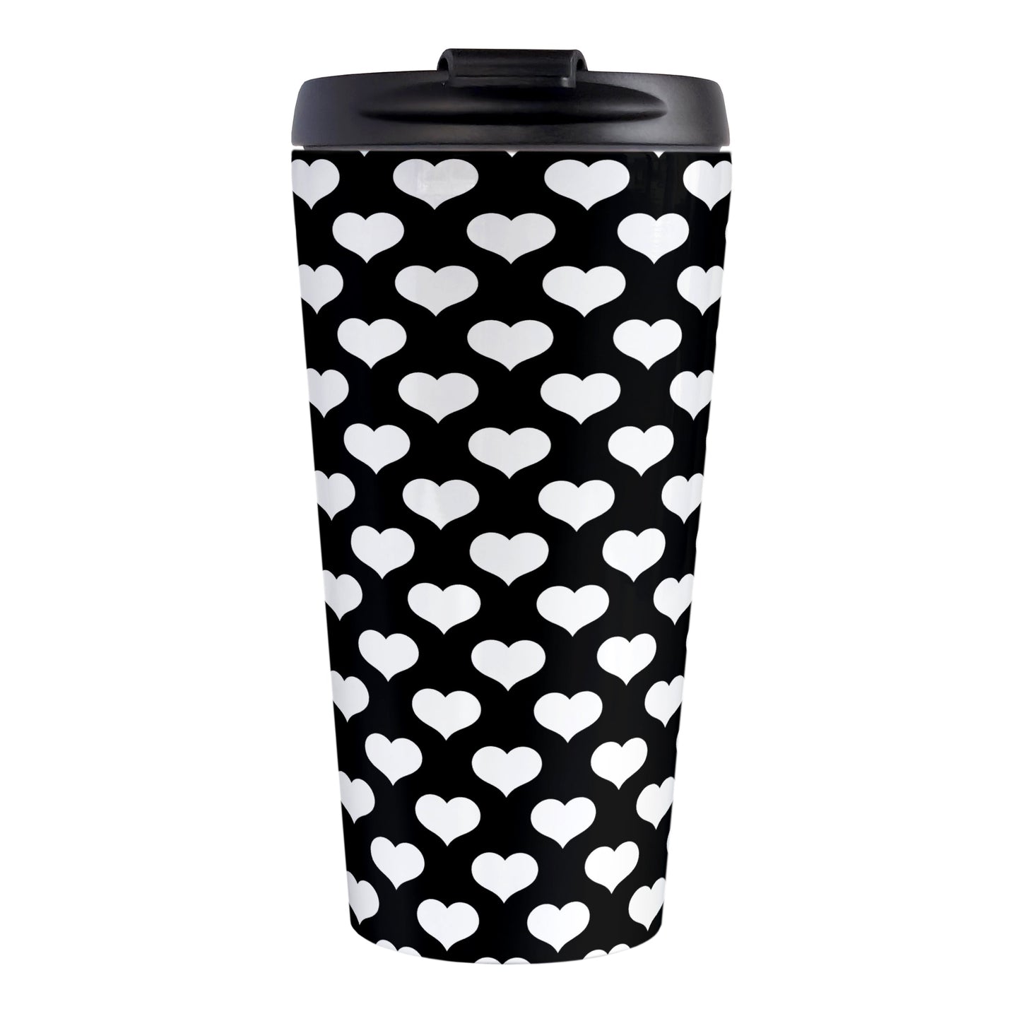 White Hearts Pattern Black Travel Mug (15oz, stainless steel insulated) at Amy's Coffee Mugs. A travel mug designed with white hearts in a polka-dotted style pattern over a black background color that wraps around the mug.