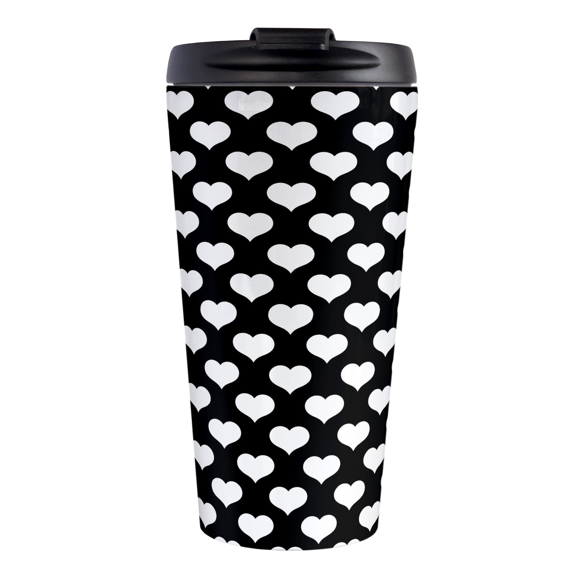 White Hearts Pattern Black Travel Mug (15oz, stainless steel insulated) at Amy's Coffee Mugs. A travel mug designed with white hearts in a polka-dotted style pattern over a black background color that wraps around the mug.