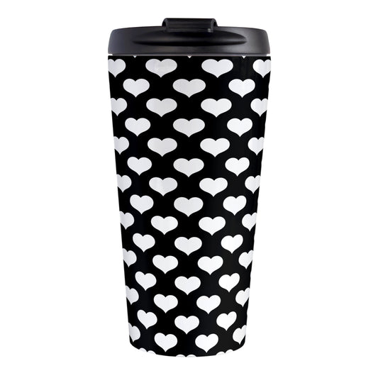 White Hearts Pattern Black Travel Mug (15oz, stainless steel insulated) at Amy's Coffee Mugs. A travel mug designed with white hearts in a polka-dotted style pattern over a black background color that wraps around the mug.