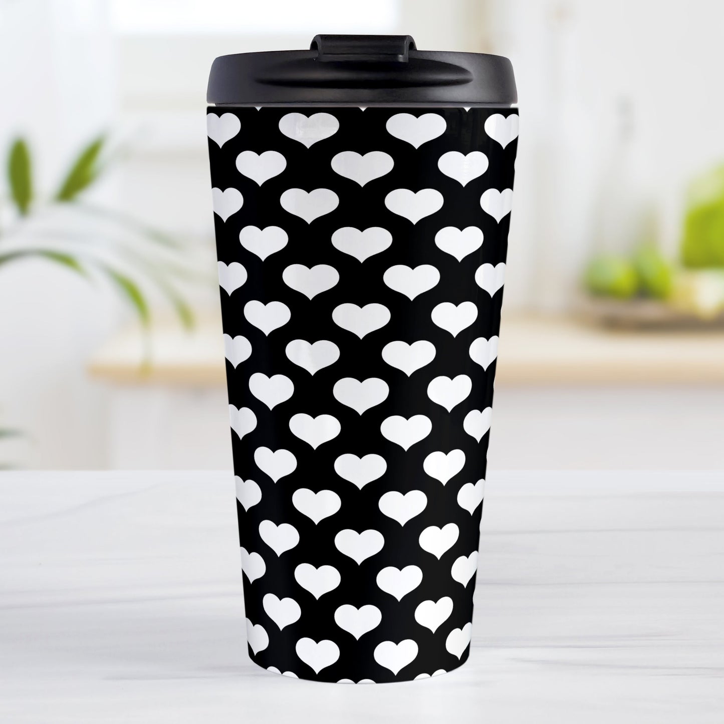 White Hearts Pattern Black Travel Mug (15oz, stainless steel insulated) at Amy's Coffee Mugs. A travel mug designed with white hearts in a polka-dotted style pattern over a black background color that wraps around the mug.