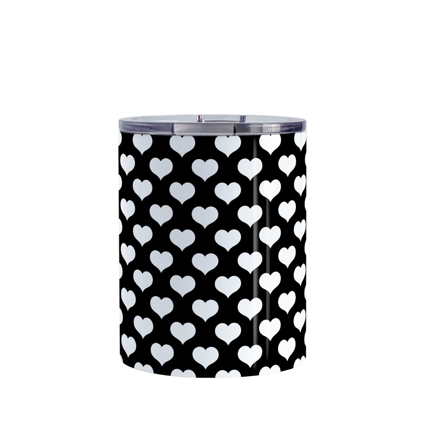White Hearts Pattern Black Tumbler Cup (10oz, stainless steel insulated) at Amy's Coffee Mugs. A tumbler cup designed with white hearts in a polka-dotted style pattern over a black background color that wraps around the cup.