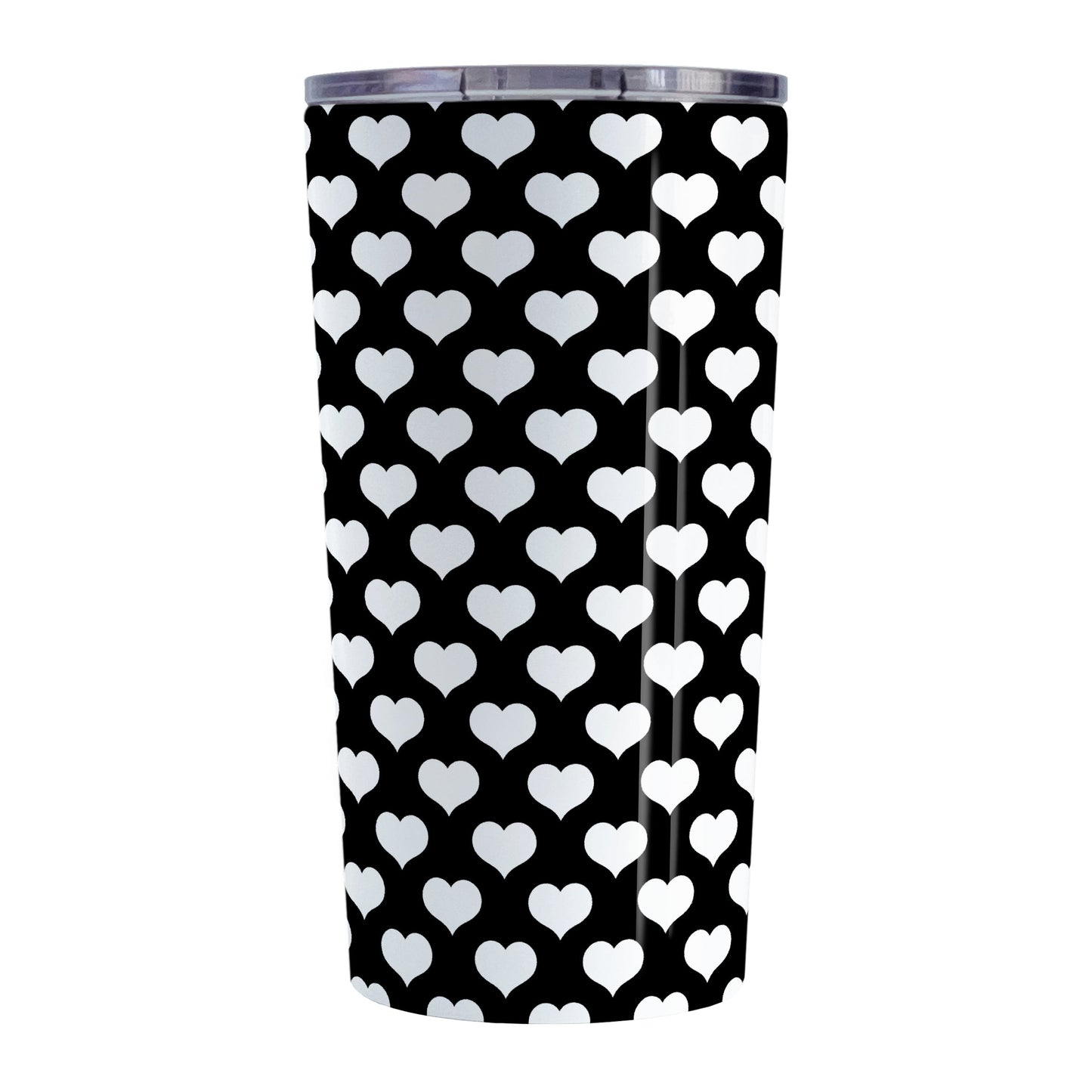 White Hearts Pattern Black Tumbler Cup (20oz, stainless steel insulated) at Amy's Coffee Mugs. A tumbler cup designed with white hearts in a polka-dotted style pattern over a black background color that wraps around the cup.