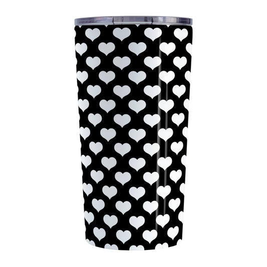 White Hearts Pattern Black Tumbler Cup (20oz, stainless steel insulated) at Amy's Coffee Mugs. A tumbler cup designed with white hearts in a polka-dotted style pattern over a black background color that wraps around the cup.