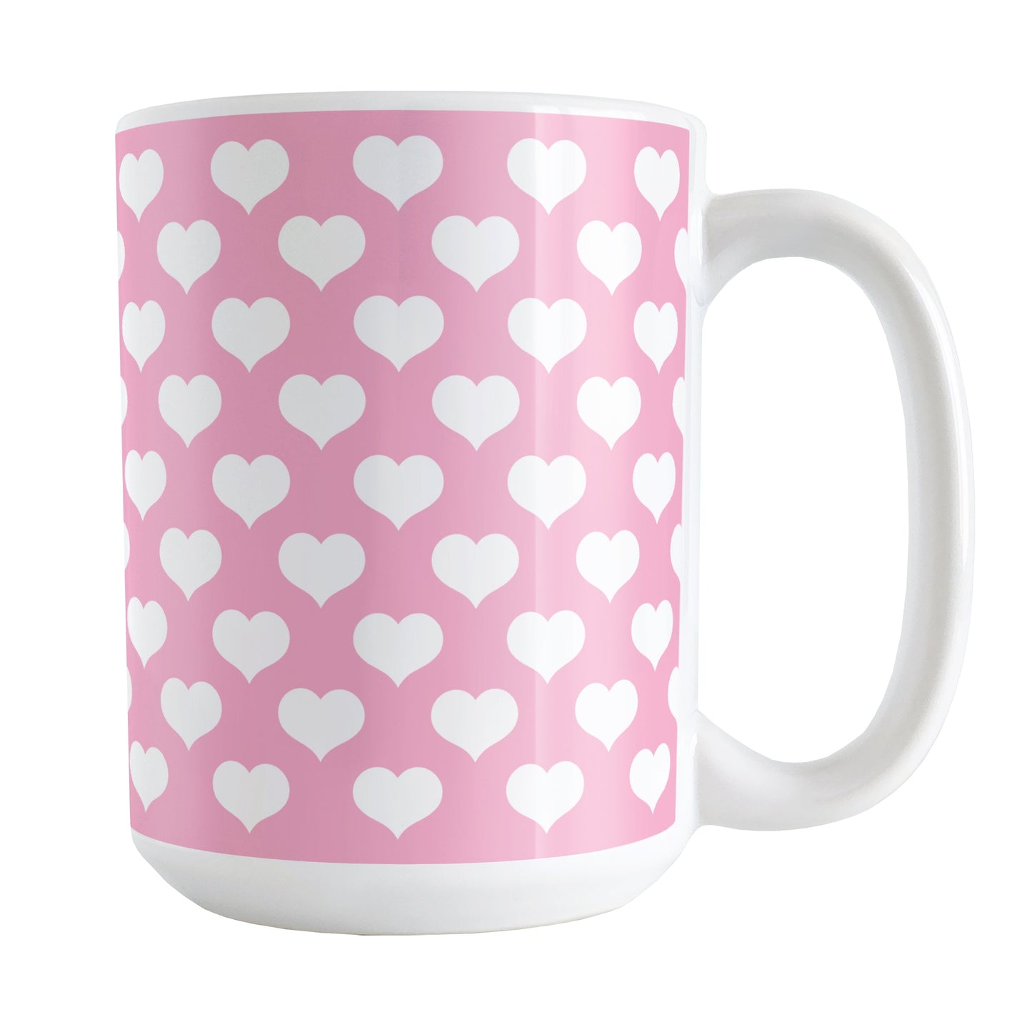 White Hearts Pattern Pink Mug (15oz) at Amy's Coffee Mugs. A ceramic coffee mug designed with white hearts in a polka-dotted style pattern over a pink background color that wraps around the mug up to the handle.