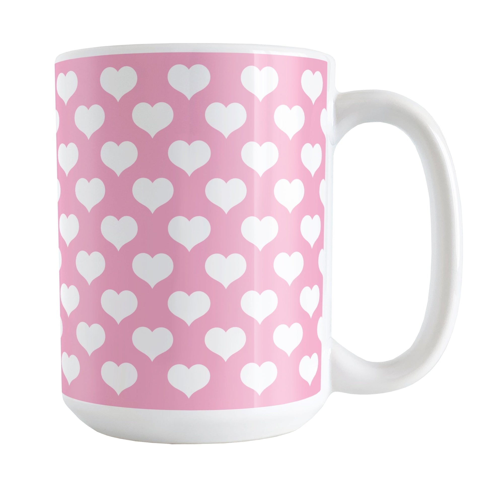 White Hearts Pattern Pink Mug (15oz) at Amy's Coffee Mugs. A ceramic coffee mug designed with white hearts in a polka-dotted style pattern over a pink background color that wraps around the mug up to the handle.