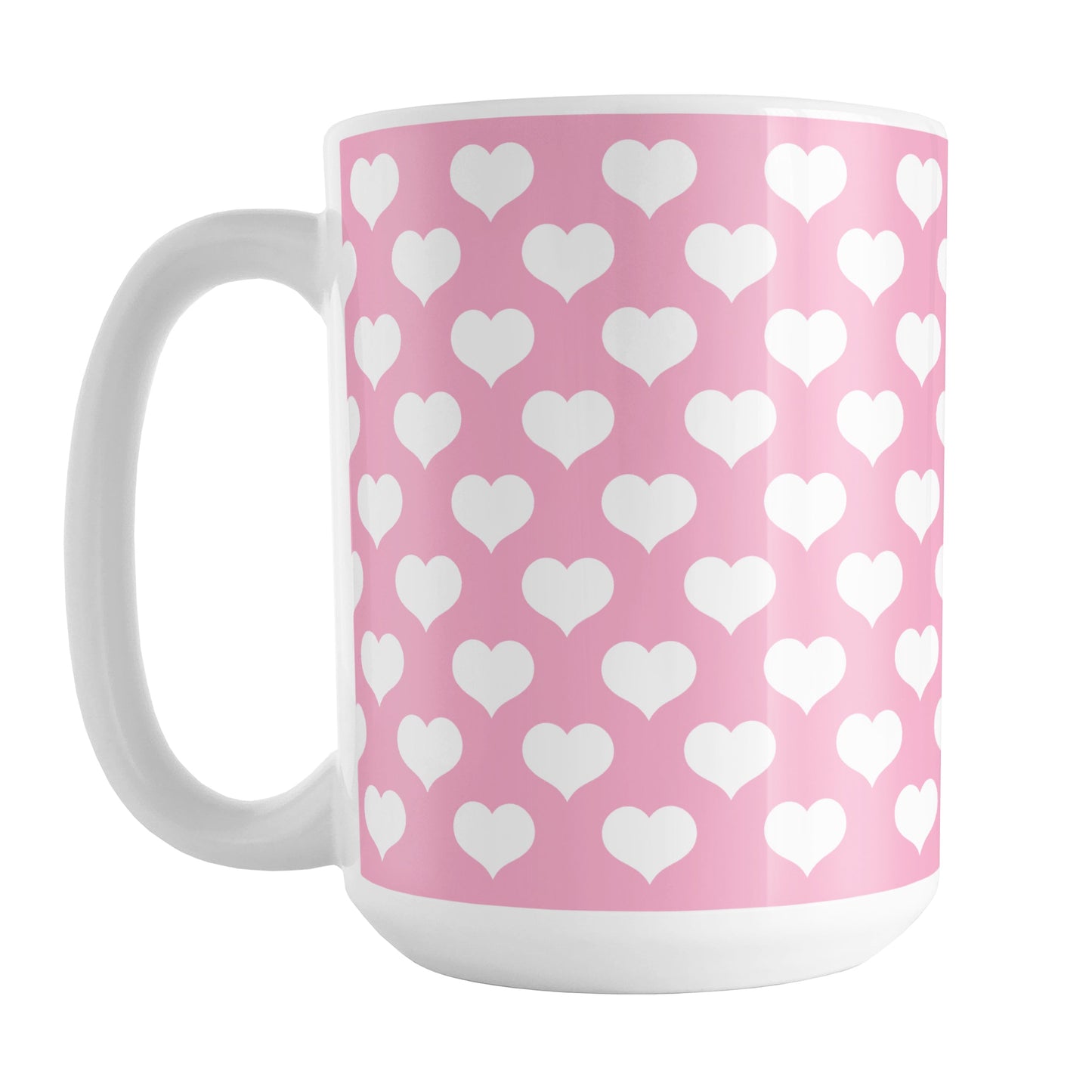 White Hearts Pattern Pink Mug (15oz) at Amy's Coffee Mugs. A ceramic coffee mug designed with white hearts in a polka-dotted style pattern over a pink background color that wraps around the mug up to the handle.