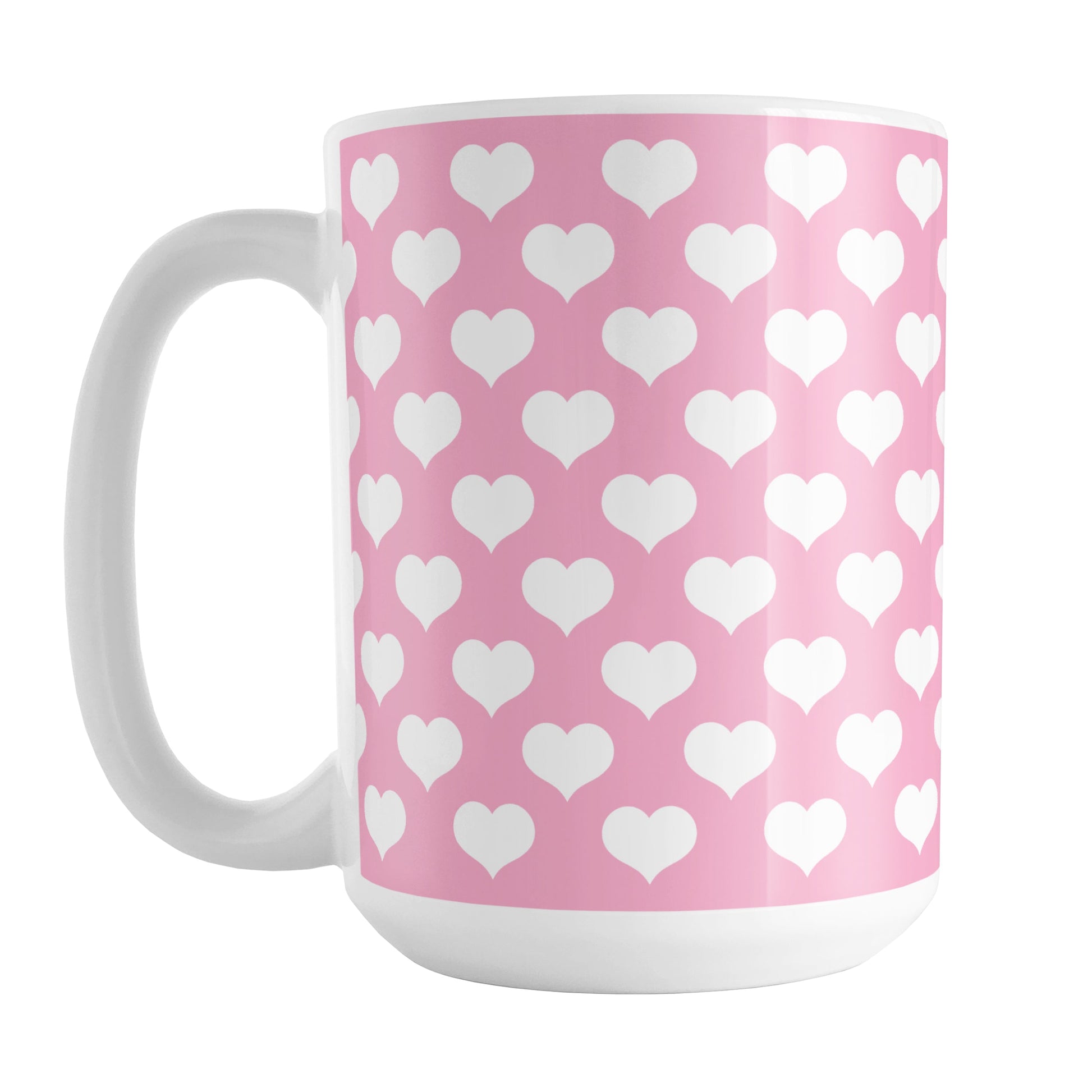 White Hearts Pattern Pink Mug (15oz) at Amy's Coffee Mugs. A ceramic coffee mug designed with white hearts in a polka-dotted style pattern over a pink background color that wraps around the mug up to the handle.