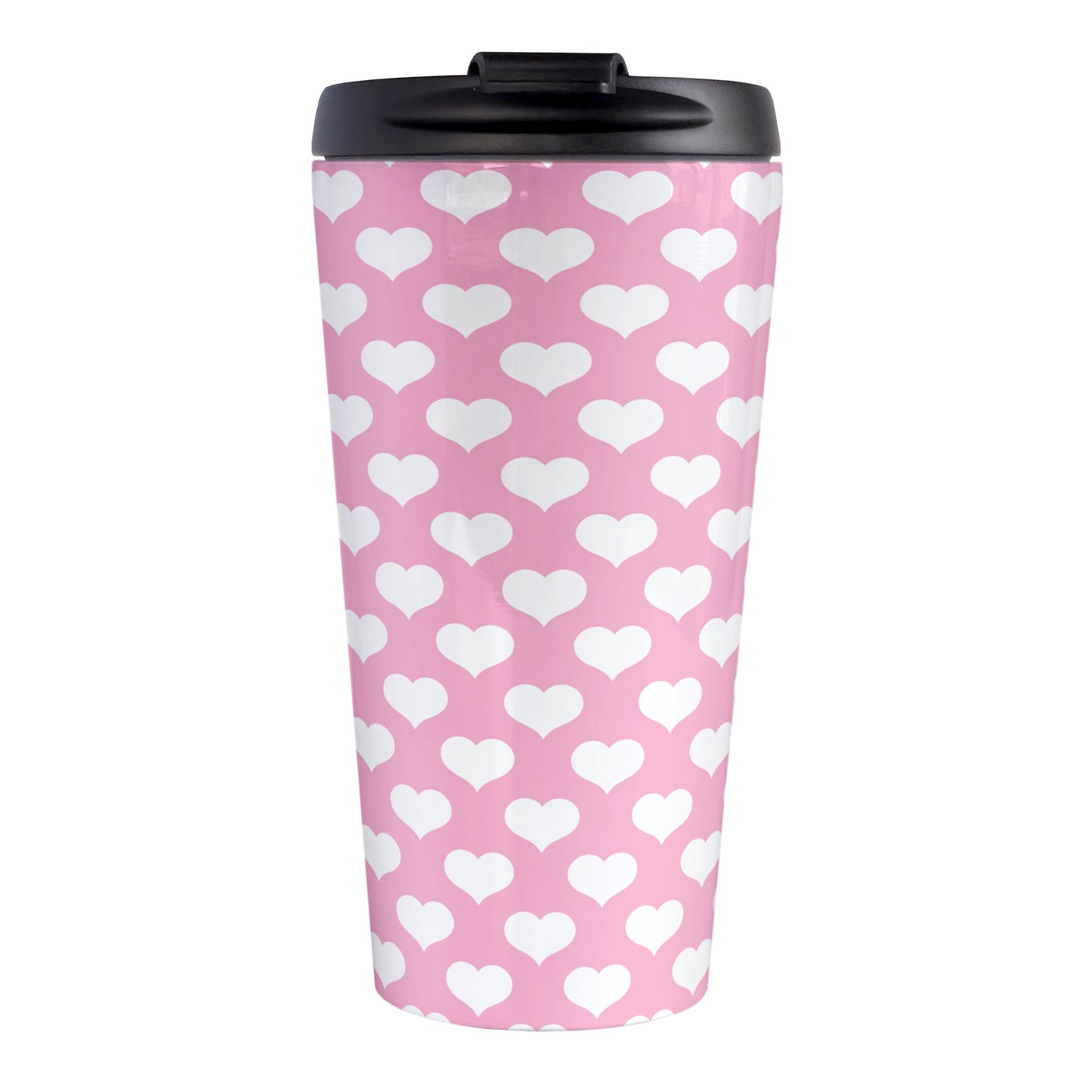 White Hearts Pattern Pink Travel Mug (15oz, stainless steel insulated) at Amy's Coffee Mugs. A travel mug designed with white hearts in a polka-dotted style pattern over a pink background color that wraps around the mug.