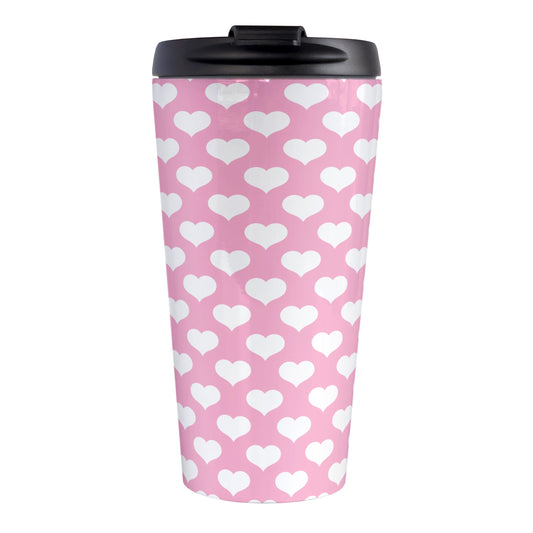 White Hearts Pattern Pink Travel Mug (15oz, stainless steel insulated) at Amy's Coffee Mugs. A travel mug designed with white hearts in a polka-dotted style pattern over a pink background color that wraps around the mug.
