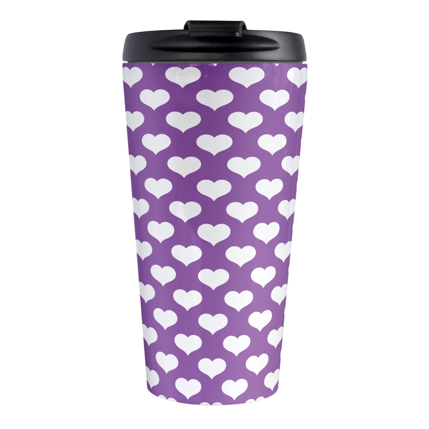 White Hearts Pattern Purple Travel Mug (15oz, stainless steel insulated) at Amy's Coffee Mugs. A travel mug designed with white hearts in a polka-dotted style pattern over a purple background color that wraps around the mug.