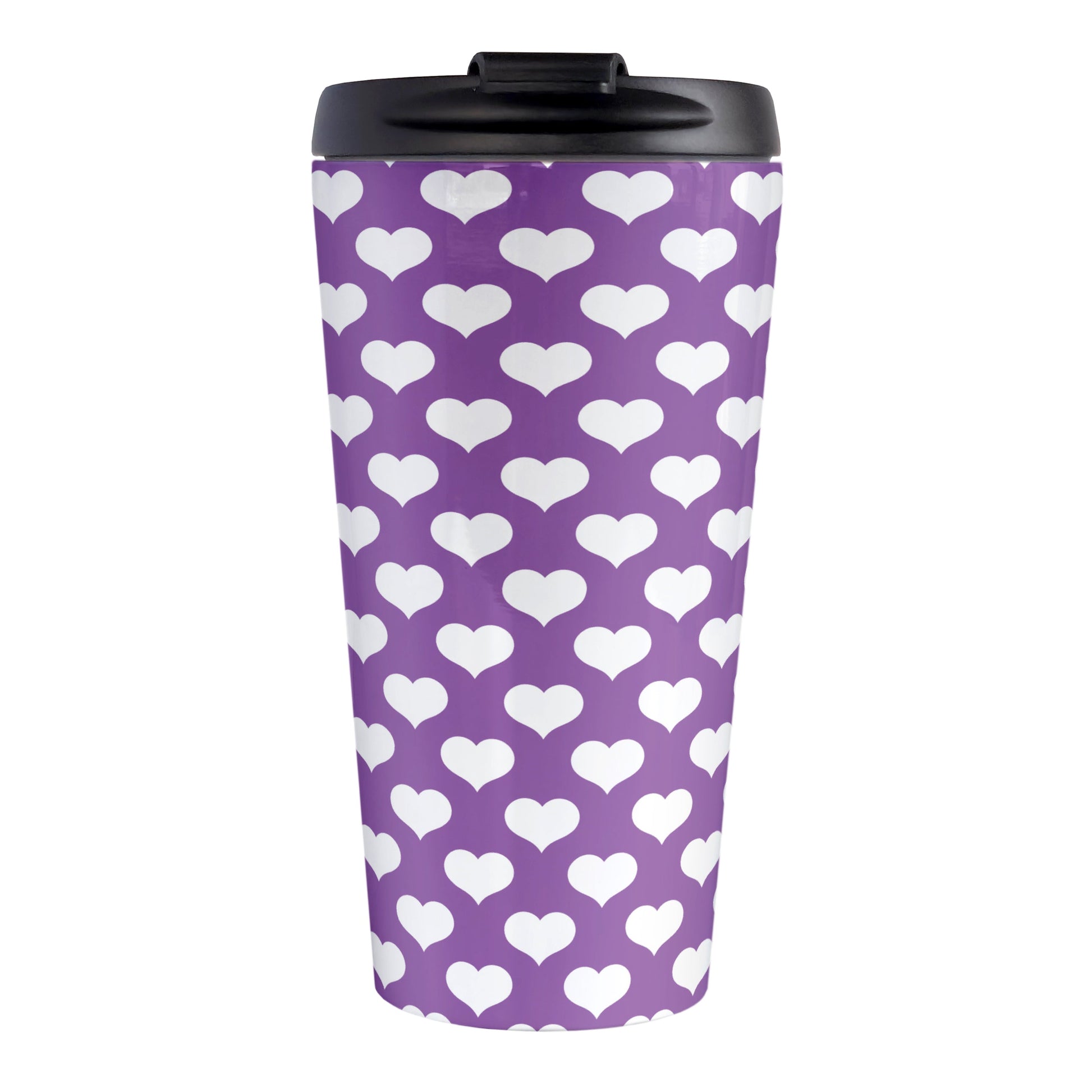 White Hearts Pattern Purple Travel Mug (15oz, stainless steel insulated) at Amy's Coffee Mugs. A travel mug designed with white hearts in a polka-dotted style pattern over a purple background color that wraps around the mug.