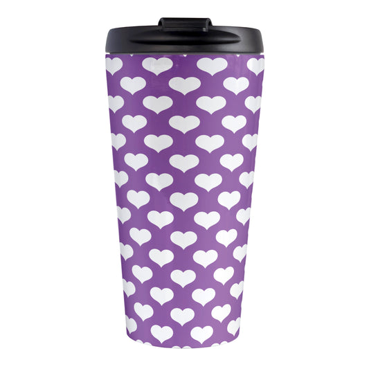 White Hearts Pattern Purple Travel Mug (15oz, stainless steel insulated) at Amy's Coffee Mugs. A travel mug designed with white hearts in a polka-dotted style pattern over a purple background color that wraps around the mug.
