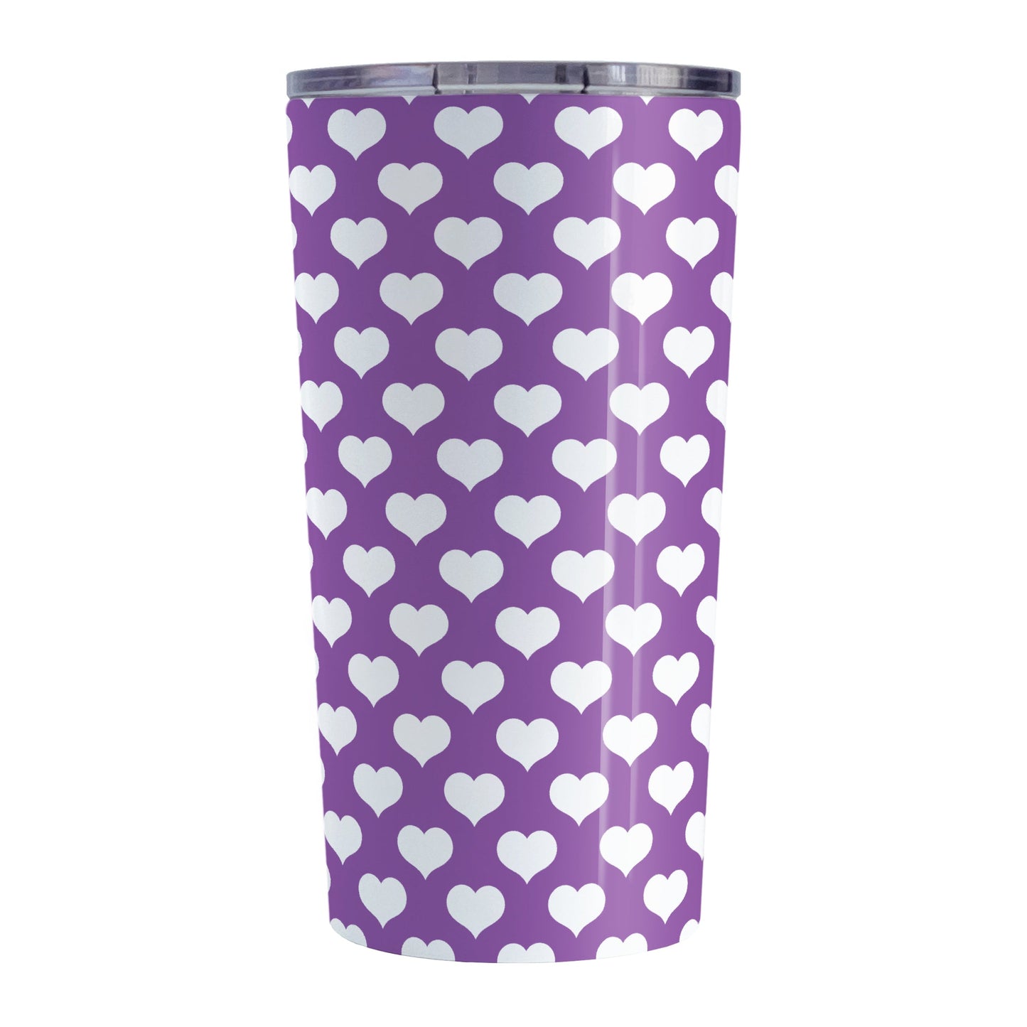 White Hearts Pattern Purple Tumbler Cup (20oz, stainless steel insulated) at Amy's Coffee Mugs. A tumbler cup designed with white hearts in a polka-dotted style pattern over a purple background color that wraps around the cup.