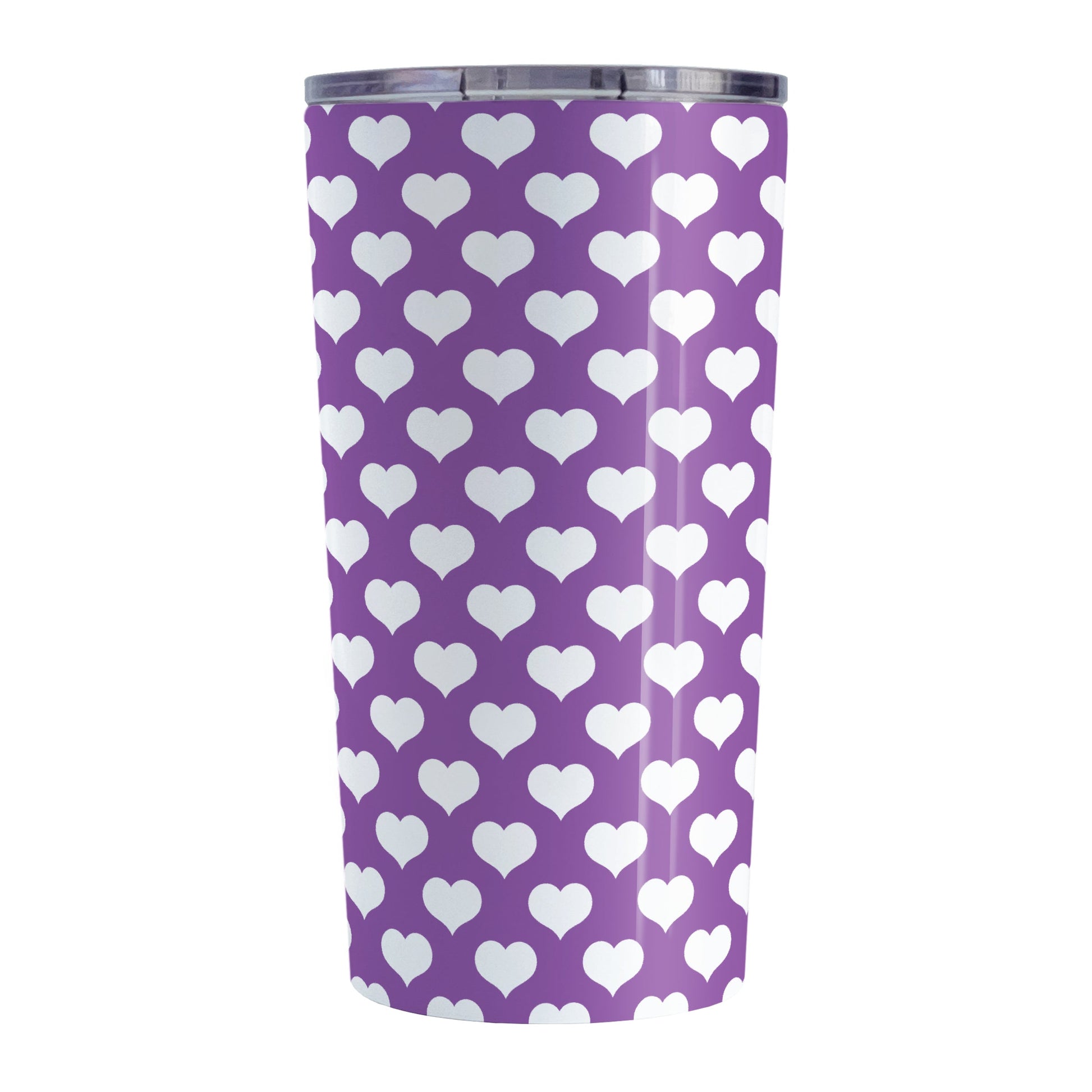 White Hearts Pattern Purple Tumbler Cup (20oz, stainless steel insulated) at Amy's Coffee Mugs. A tumbler cup designed with white hearts in a polka-dotted style pattern over a purple background color that wraps around the cup.