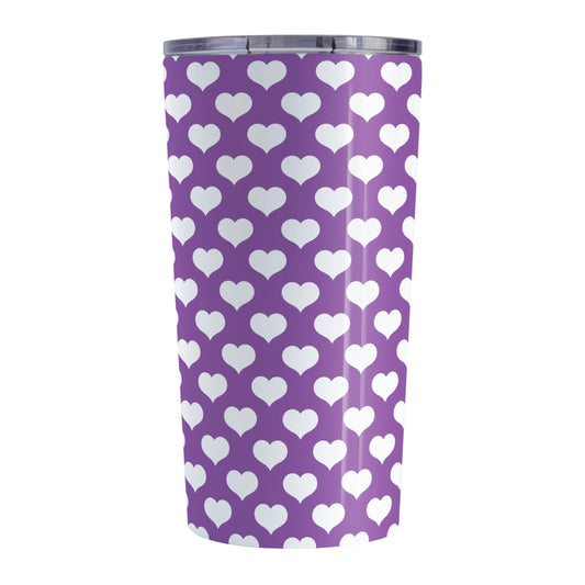 White Hearts Pattern Purple Tumbler Cup (20oz, stainless steel insulated) at Amy's Coffee Mugs. A tumbler cup designed with white hearts in a polka-dotted style pattern over a purple background color that wraps around the cup.