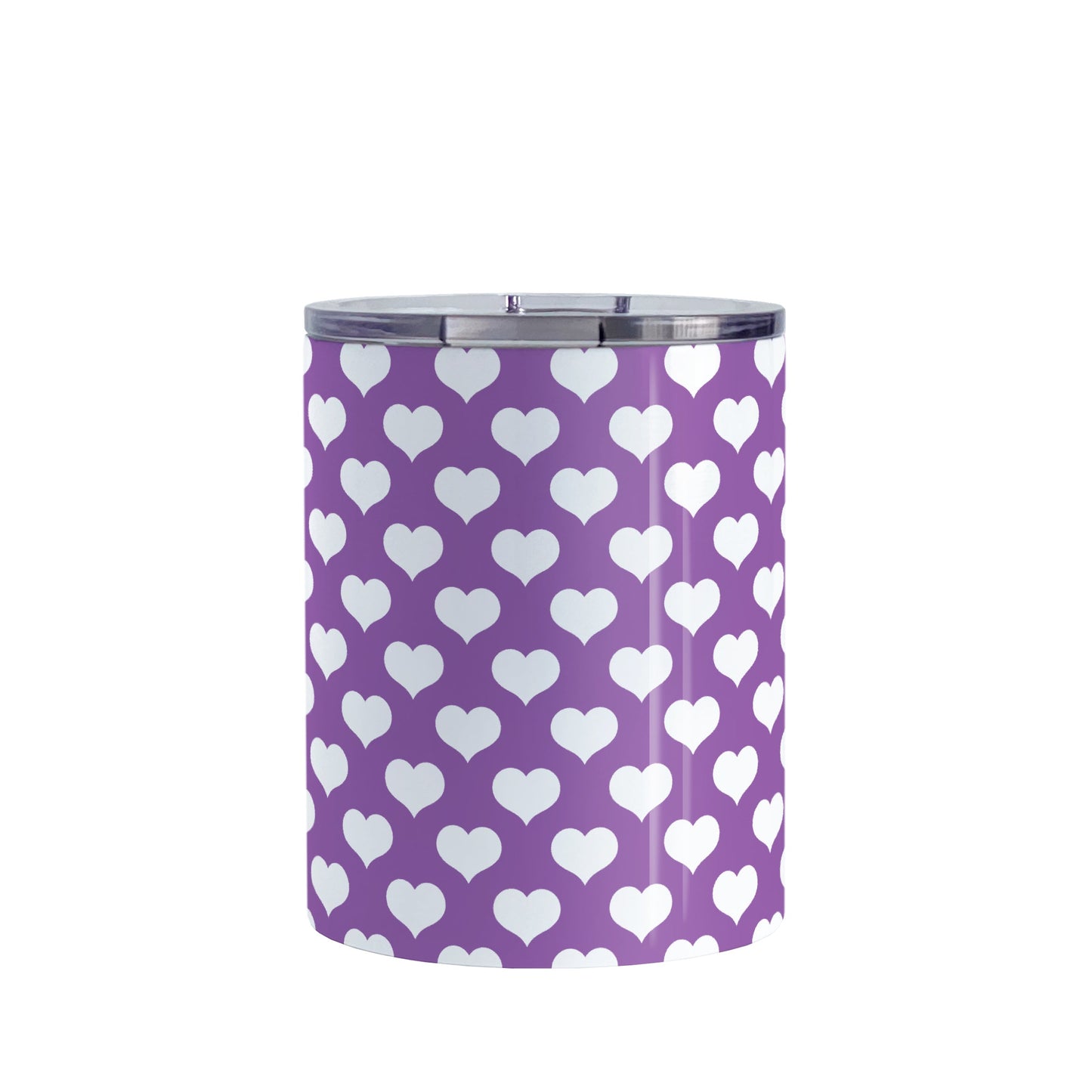 White Hearts Pattern Purple Tumbler Cup (10oz, stainless steel insulated) at Amy's Coffee Mugs. A tumbler cup designed with white hearts in a polka-dotted style pattern over a purple background color that wraps around the cup.