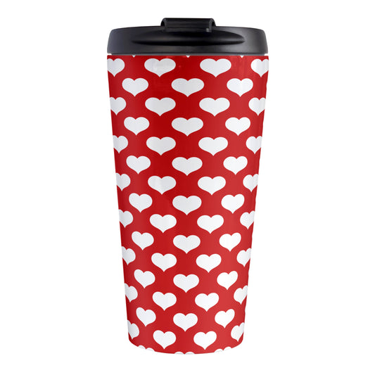 White Hearts Pattern Red Travel Mug (15oz, stainless steel insulated) at Amy's Coffee Mugs. A travel mug designed with white hearts in a polka-dotted style pattern over a red background color that wraps around the mug.