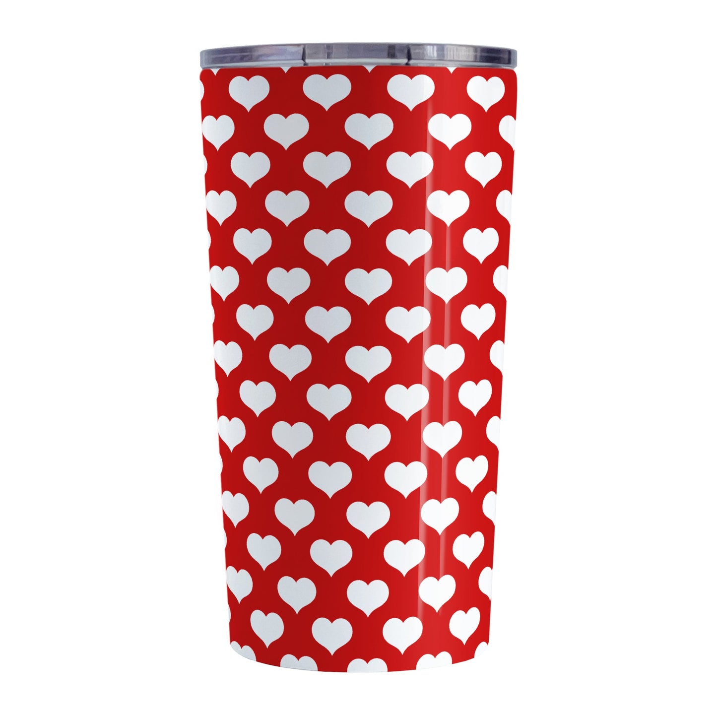 White Hearts Pattern Red Tumbler Cup (20oz, stainless steel insulated) at Amy's Coffee Mugs. A tumbler cup designed with white hearts in a polka-dotted style pattern over a red background color that wraps around the cup.