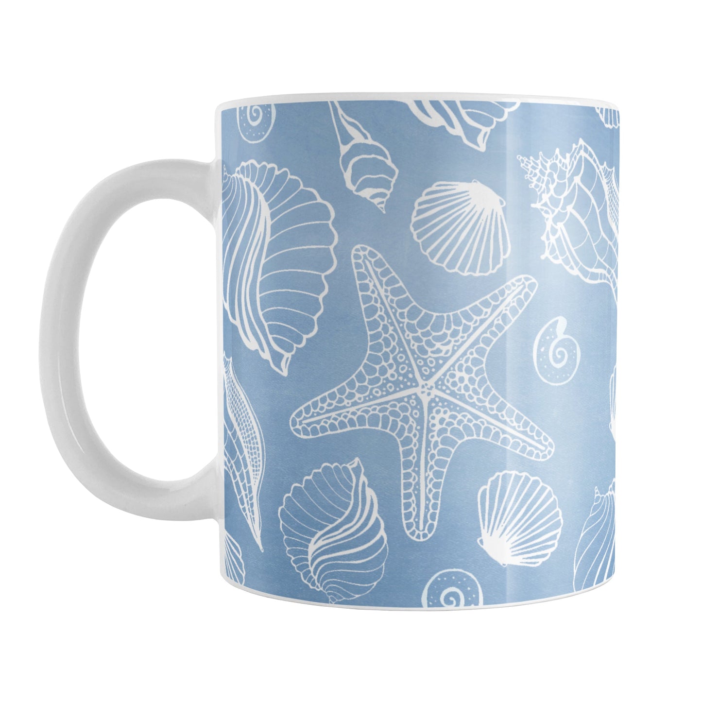 White Seashell Pattern Blue Beach Mug (11oz) at Amy's Coffee Mugs. A ceramic coffee mug designed with a pattern of white seashell line drawings over a beachy blue background that wraps around the mug up to the handle.
