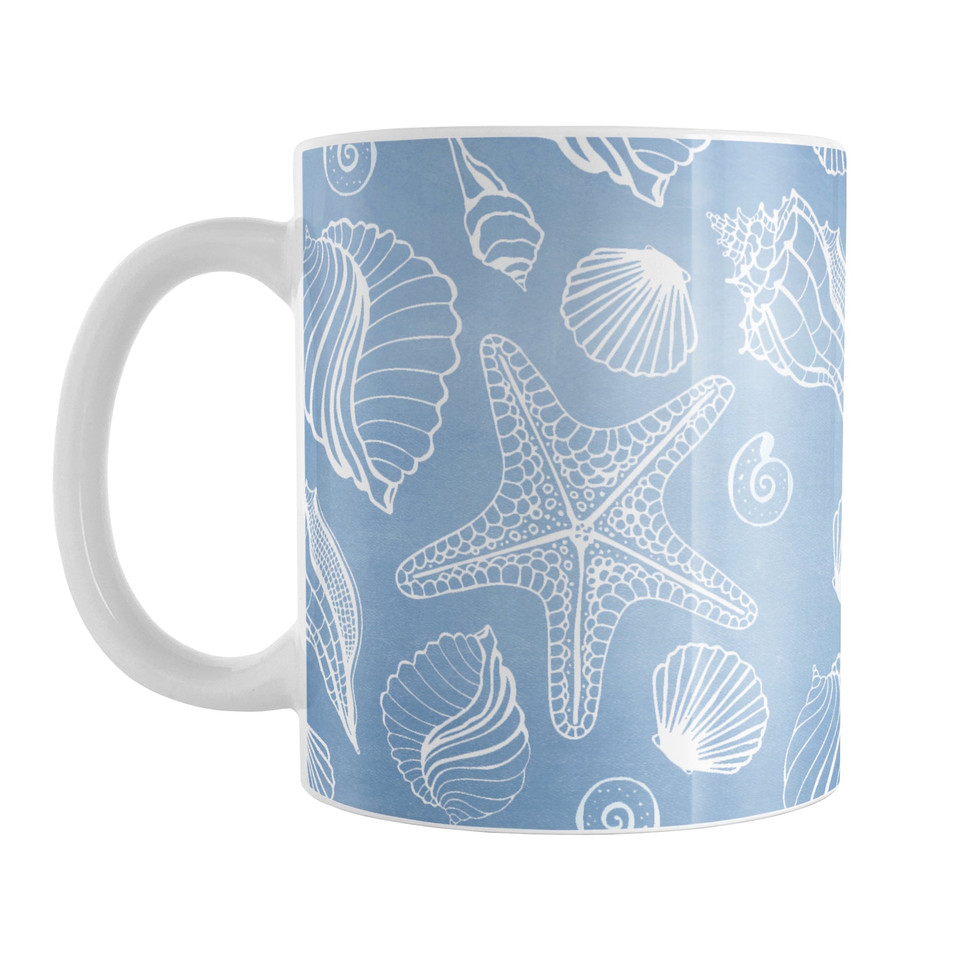 White Seashell Pattern Blue Beach Mug (11oz) at Amy's Coffee Mugs. A ceramic coffee mug designed with a pattern of white seashell line drawings over a beachy blue background that wraps around the mug up to the handle.