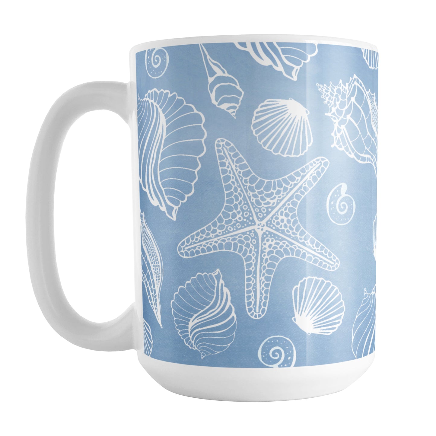 White Seashell Pattern Blue Beach Mug (15oz) at Amy's Coffee Mugs. A ceramic coffee mug designed with a pattern of white seashell line drawings over a beachy blue background that wraps around the mug up to the handle.