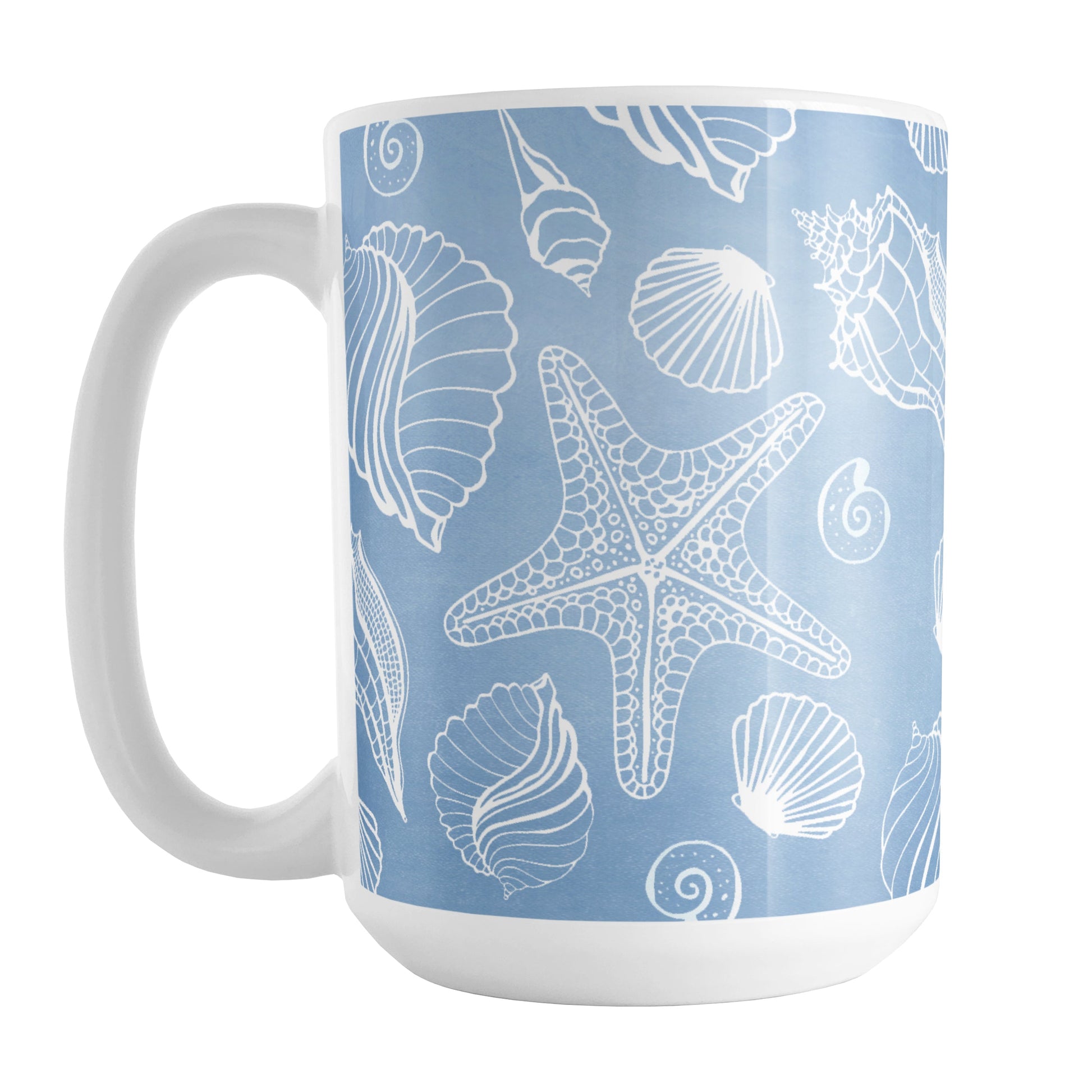 White Seashell Pattern Blue Beach Mug (15oz) at Amy's Coffee Mugs. A ceramic coffee mug designed with a pattern of white seashell line drawings over a beachy blue background that wraps around the mug up to the handle.