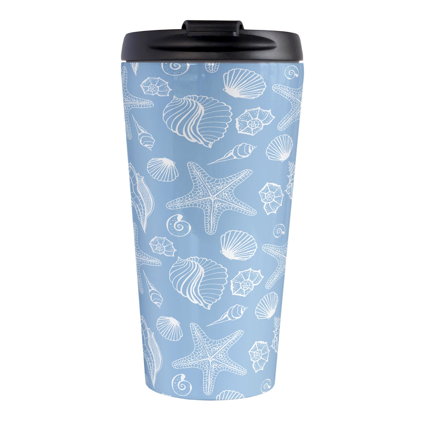 White Seashell Pattern Blue Beach Travel Mug (15oz, stainless steel insulated) at Amy's Coffee Mugs. A travel mug designed with a white seashell line drawing pattern over a blue background that wraps around the travel mug.